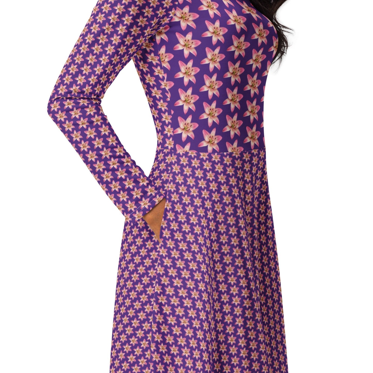 Women's All - over print long sleeve midi Dress, Burgundy blooming Pattern Summer Dresses - PratSN