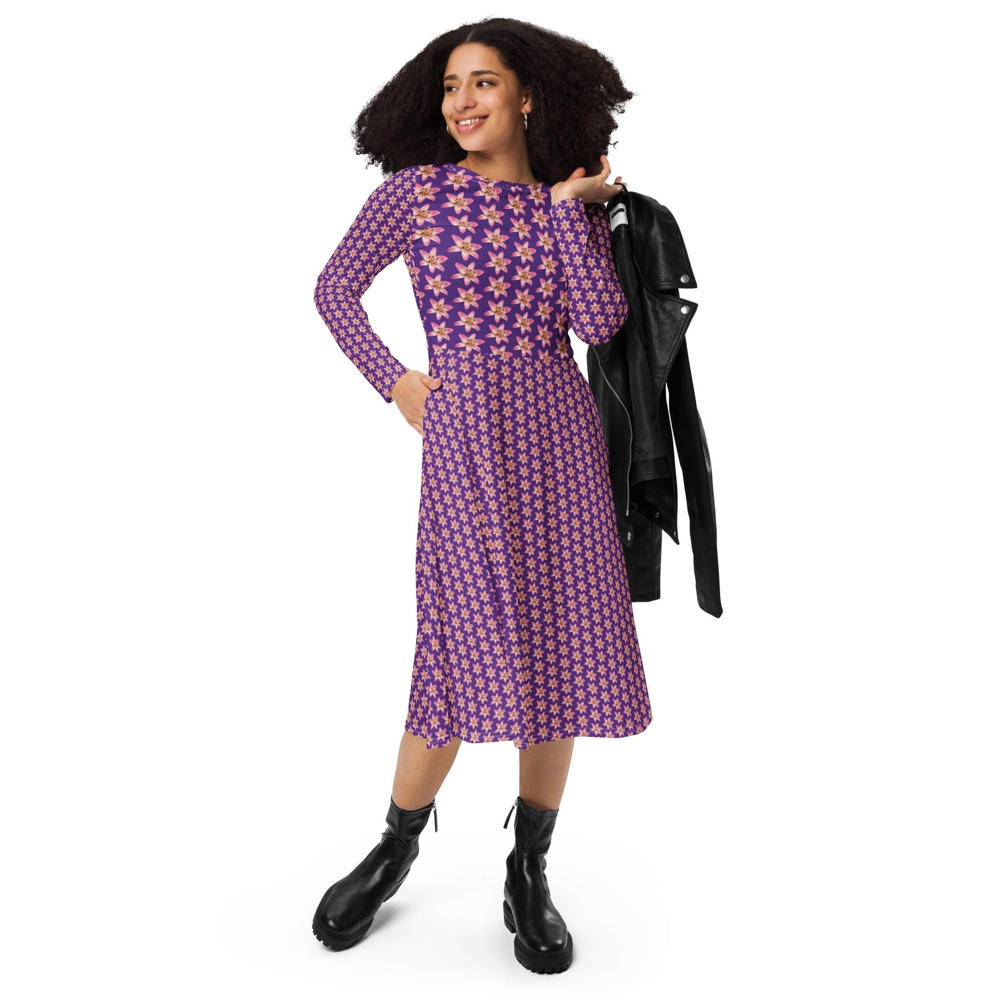 Women's All - over print long sleeve midi Dress, Burgundy blooming Pattern Summer Dresses - PratSN