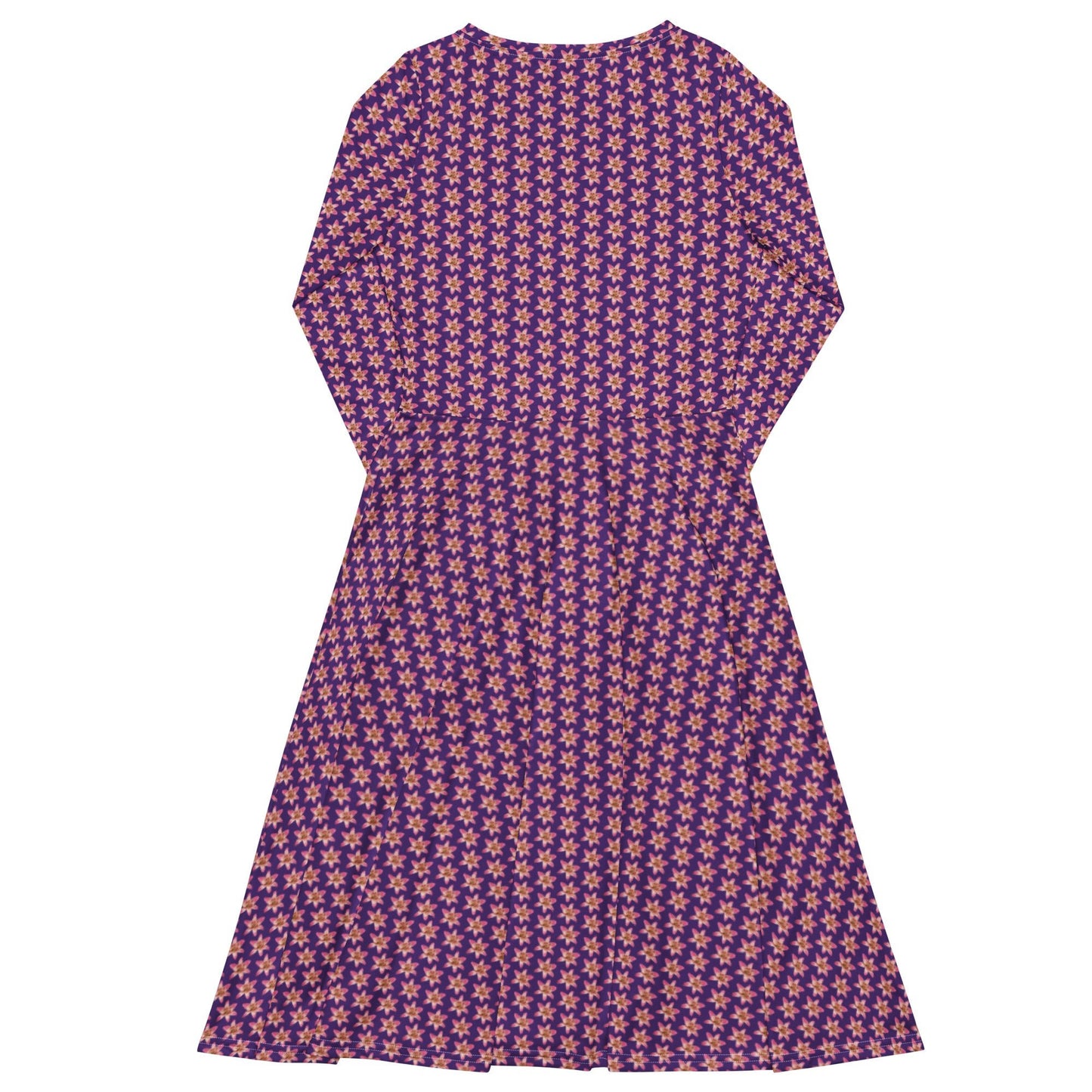 Women's All - over print long sleeve midi Dress, Burgundy blooming Pattern Summer Dresses - PratSN