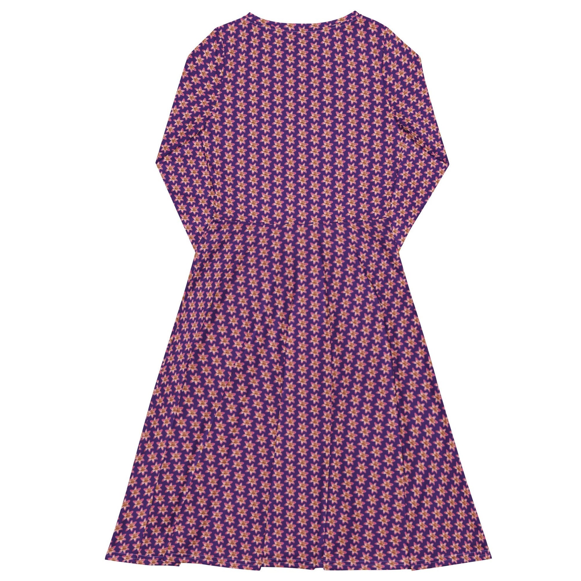Women's All - over print long sleeve midi Dress, Burgundy blooming Pattern Summer Dresses - PratSN