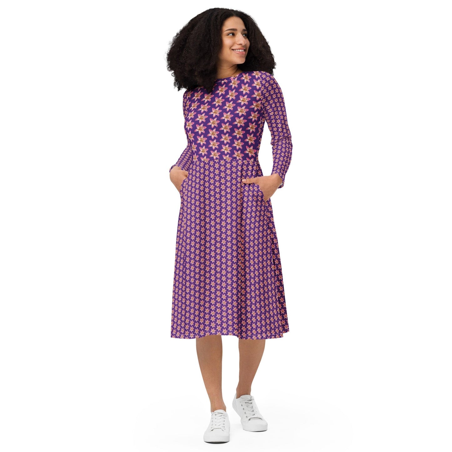 Women's All - over print long sleeve midi Dress, Burgundy blooming Pattern Summer Dresses - PratSN