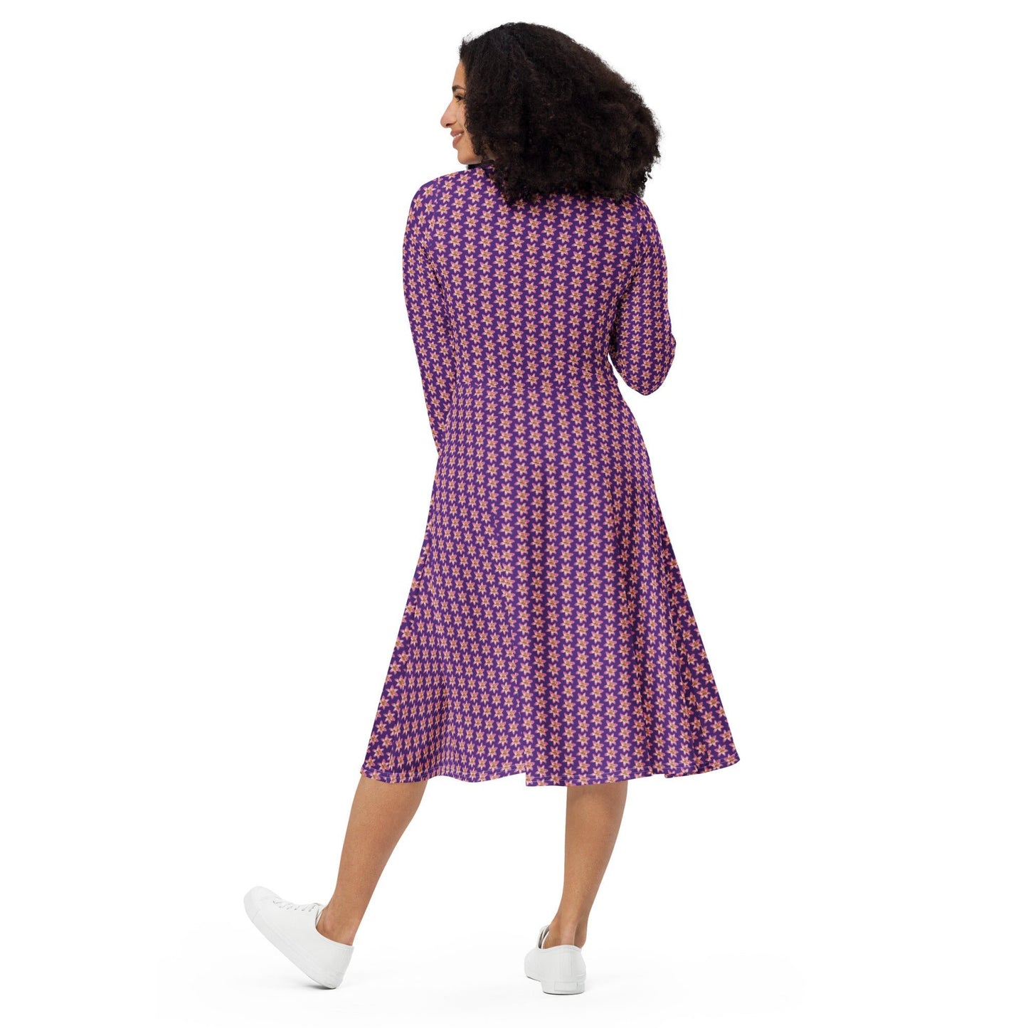 Women's All - over print long sleeve midi Dress, Burgundy blooming Pattern Summer Dresses - PratSN