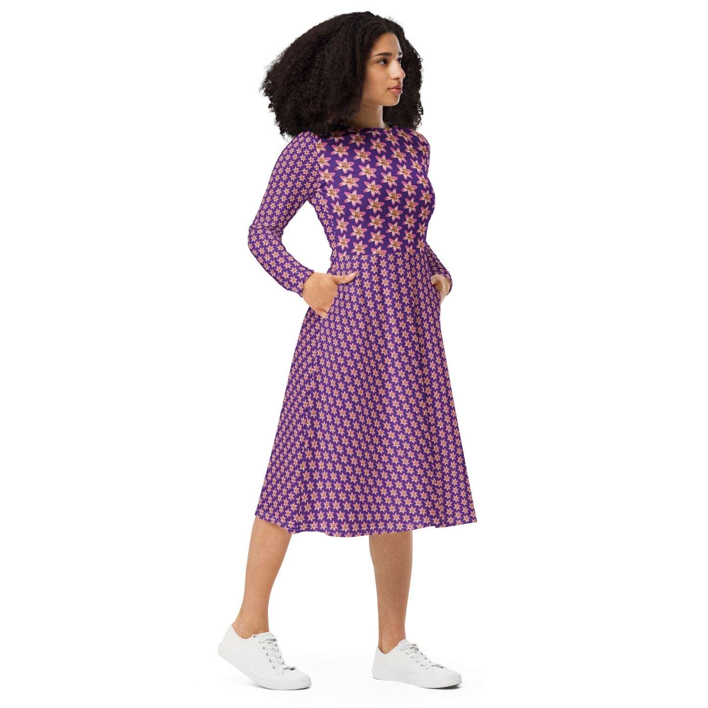 Women's All - over print long sleeve midi Dress, Burgundy blooming Pattern Summer Dresses - PratSN