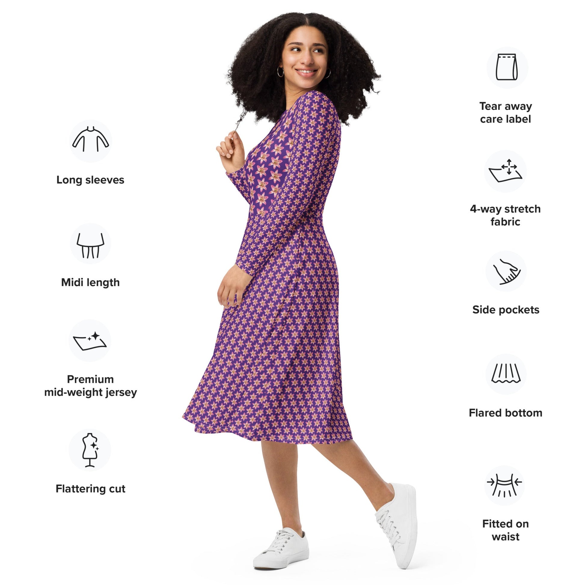 Women's All - over print long sleeve midi Dress, Burgundy blooming Pattern Summer Dresses - PratSN