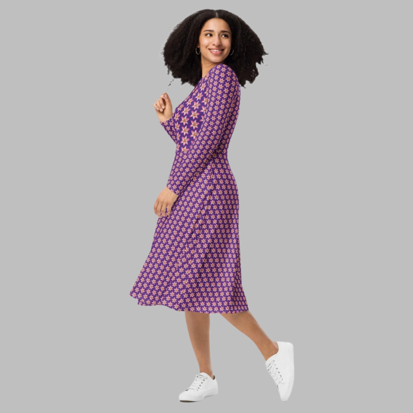 Women's All - over print long sleeve midi Dress, Burgundy blooming Pattern Summer Dresses - PratSN