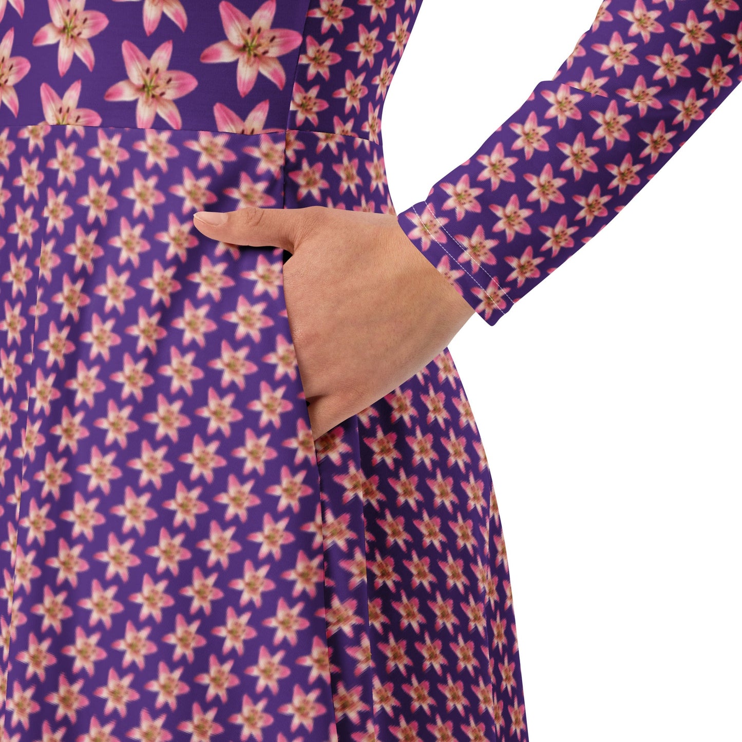 Women's All - over print long sleeve midi Dress, Burgundy blooming Pattern Summer Dresses - PratSN