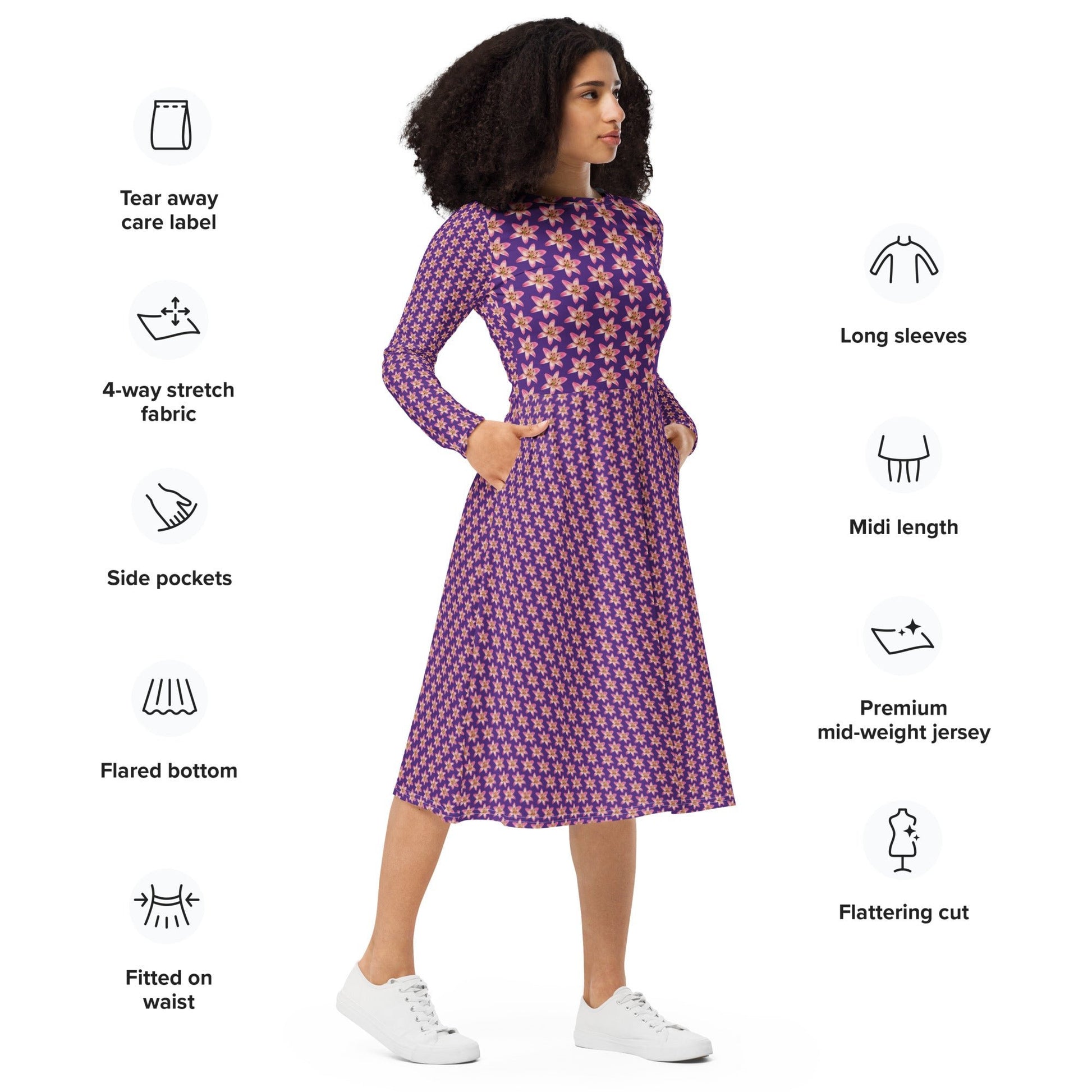 Women's All - over print long sleeve midi Dress, Burgundy blooming Pattern Summer Dresses - PratSN