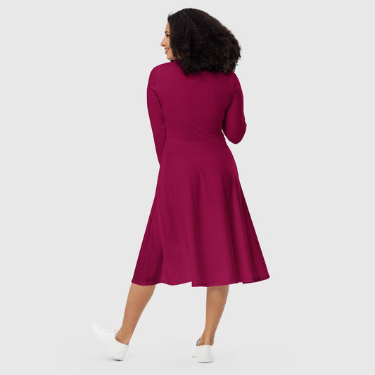 Women's all - over print long Sleeve midi Dress, Burgundy color midi dress, Regular and Plus Sizes Summer dress - PratSN