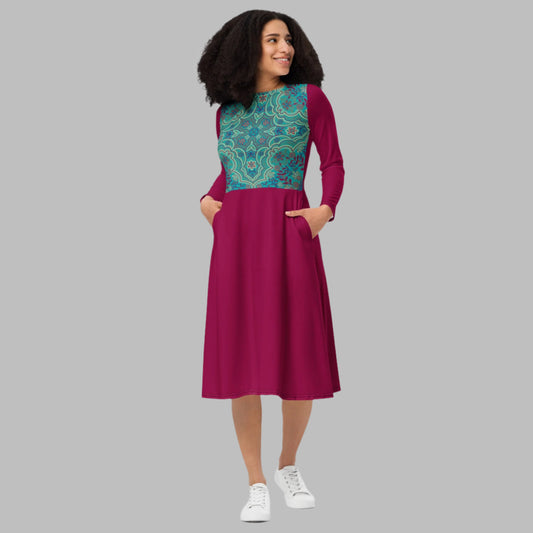 Women's all - over print long Sleeve midi Dress, Burgundy color midi dress, Regular and Plus Sizes Summer dress - PratSN