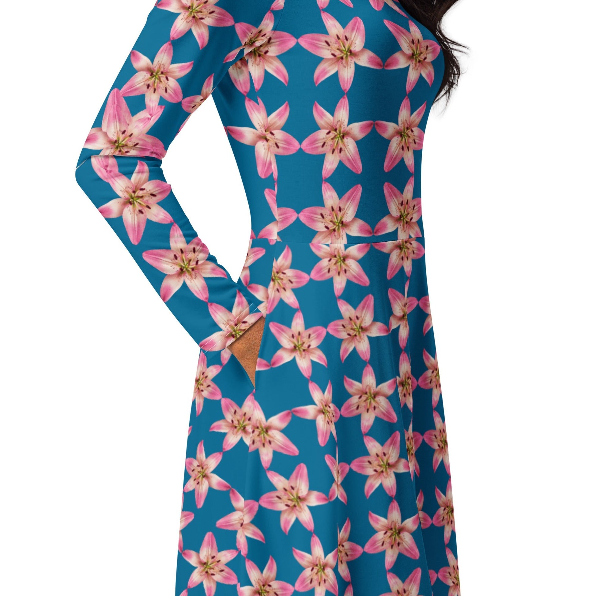 Women's All - over print long sleeve midi dress, cerulean Color Pink Floral Summer Dresses - PratSN
