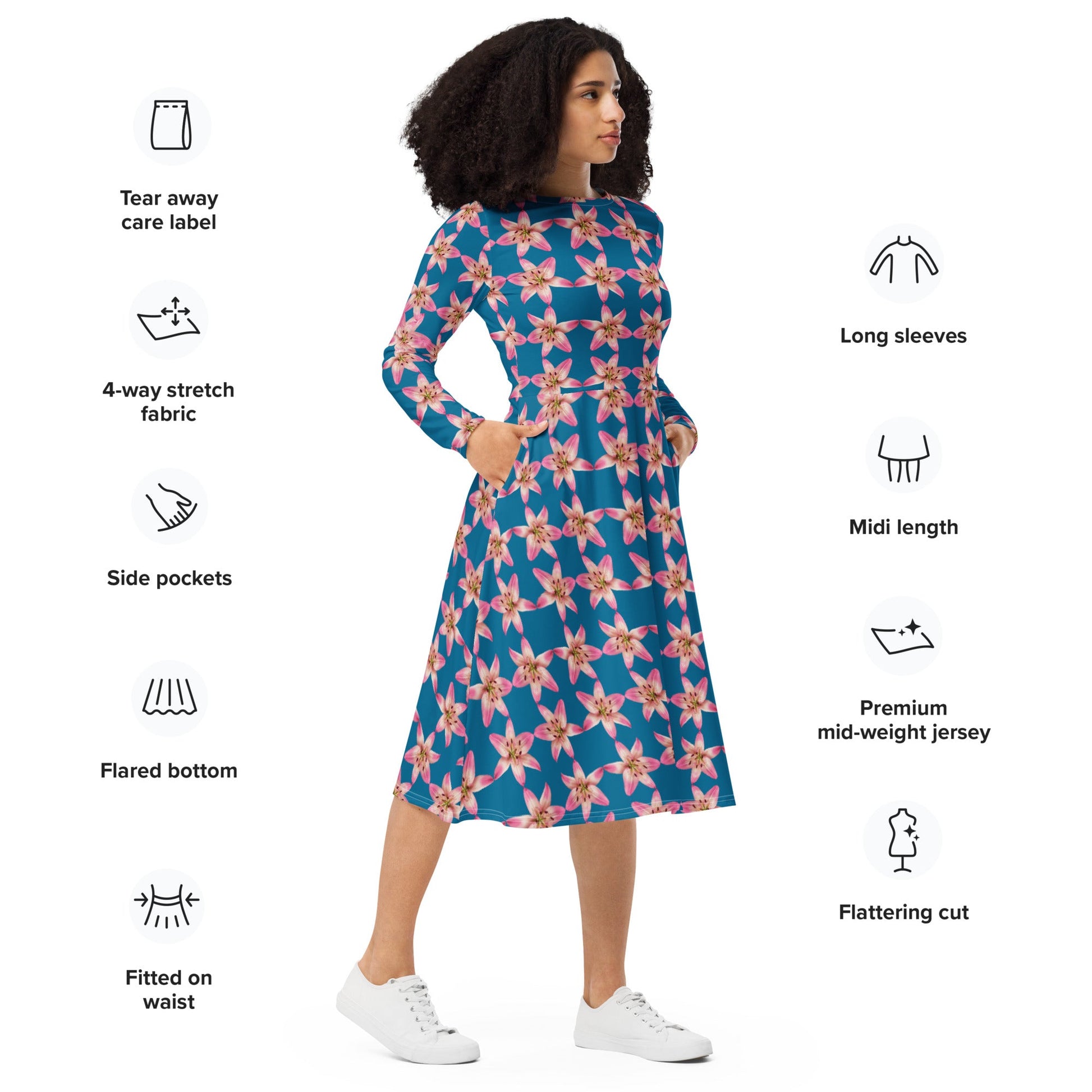 Women's All - over print long sleeve midi dress, cerulean Color Pink Floral Summer Dresses - PratSN