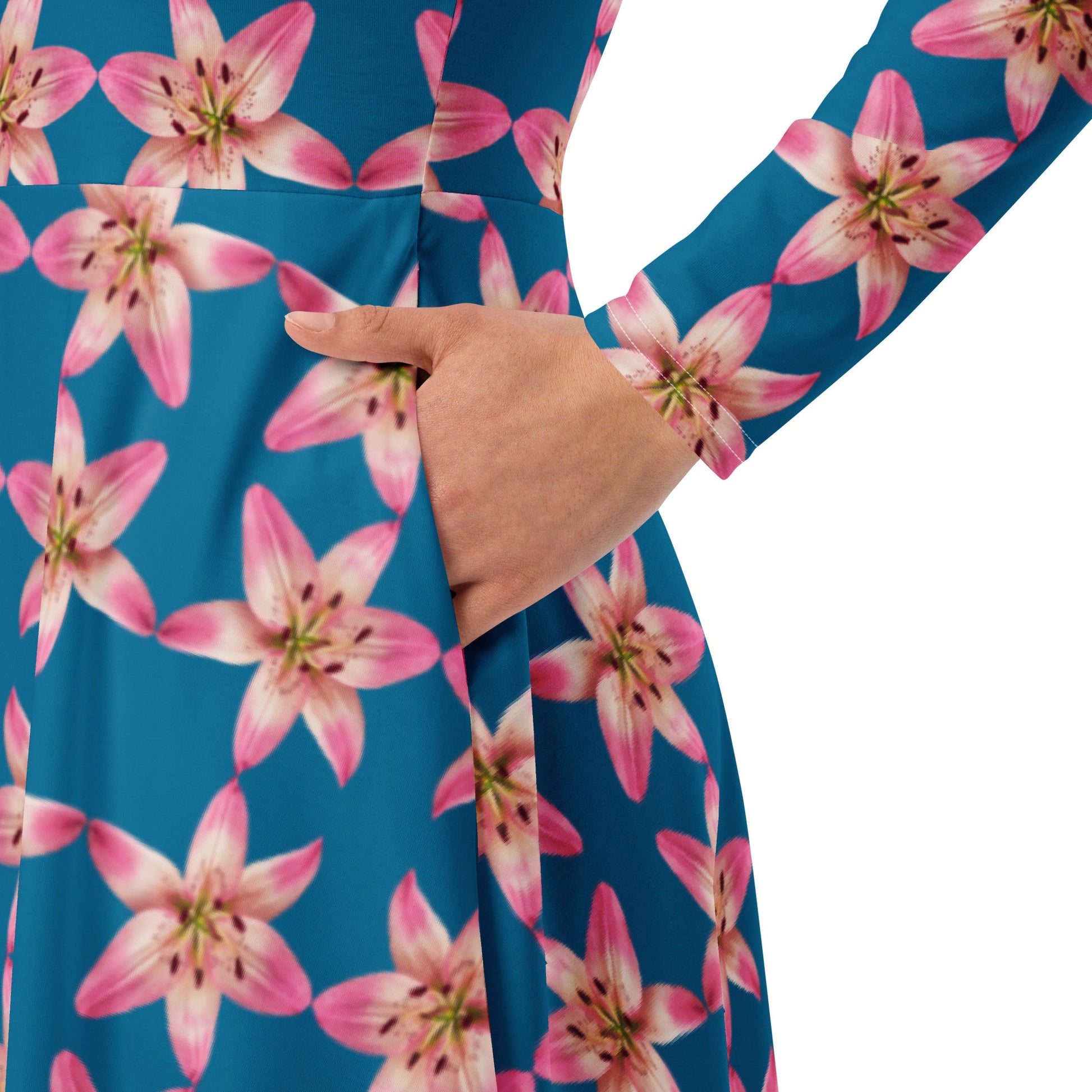 Women's All - over print long sleeve midi dress, cerulean Color Pink Floral Summer Dresses - PratSN