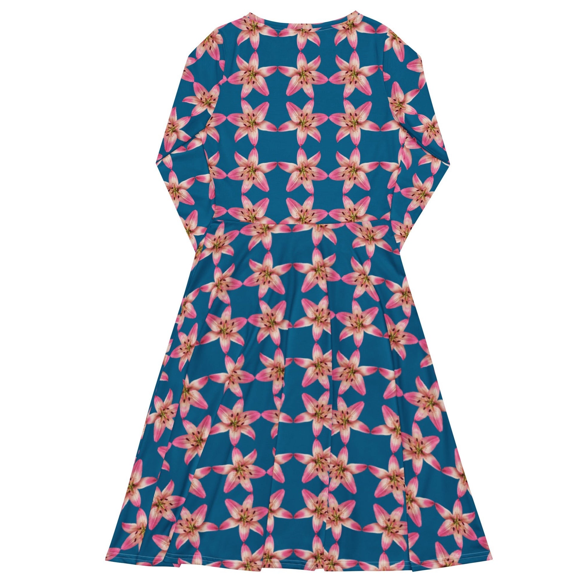Women's All - over print long sleeve midi dress, cerulean Color Pink Floral Summer Dresses - PratSN