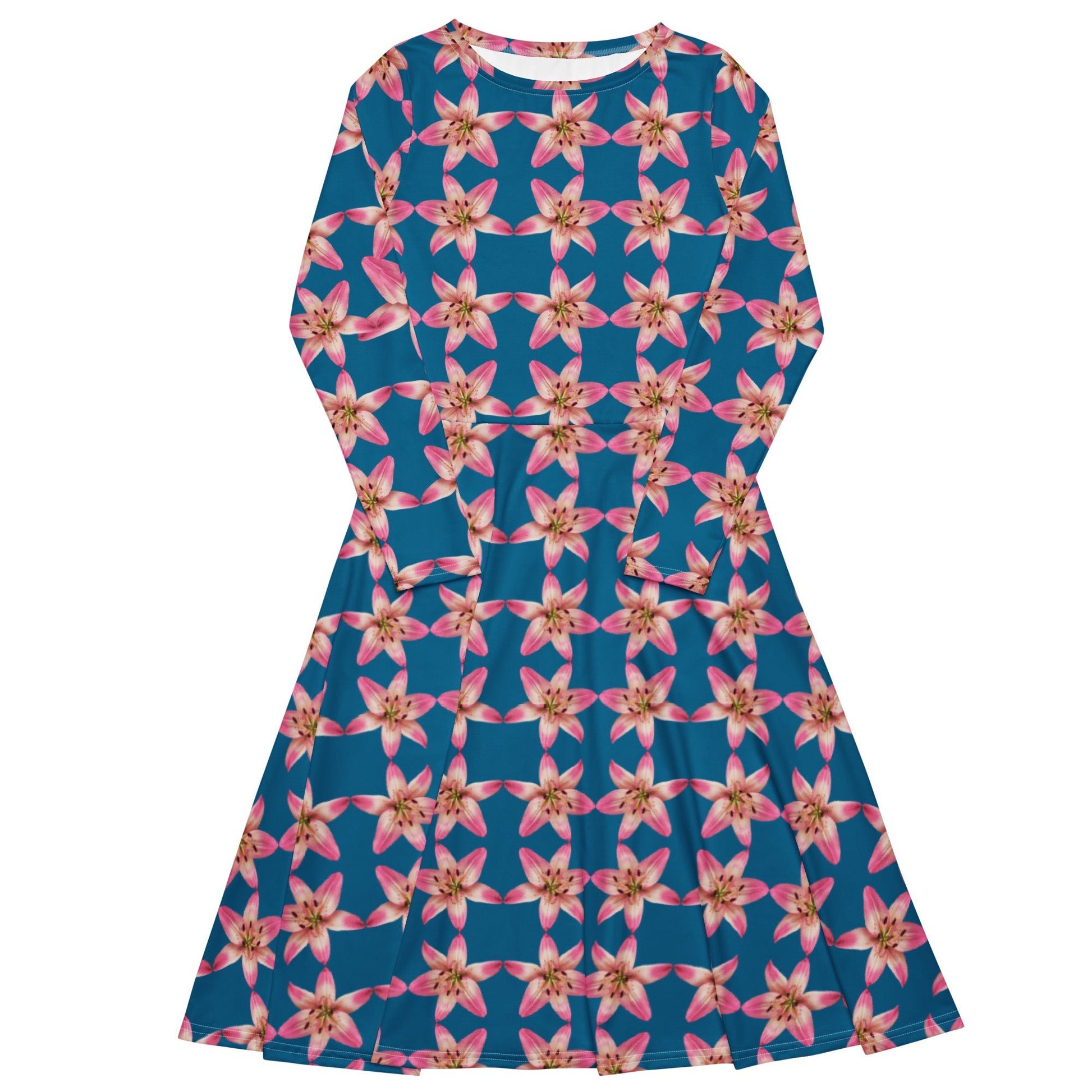 Women's All - over print long sleeve midi dress, cerulean Color Pink Floral Summer Dresses - PratSN