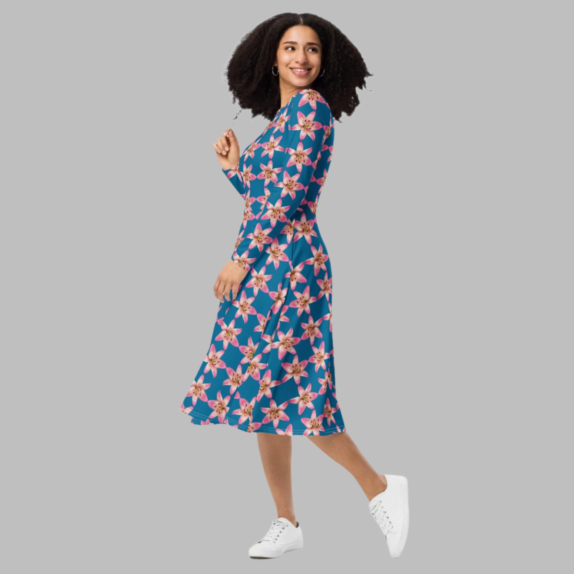 Women's All - over print long sleeve midi dress, cerulean Color Pink Floral Summer Dresses - PratSN