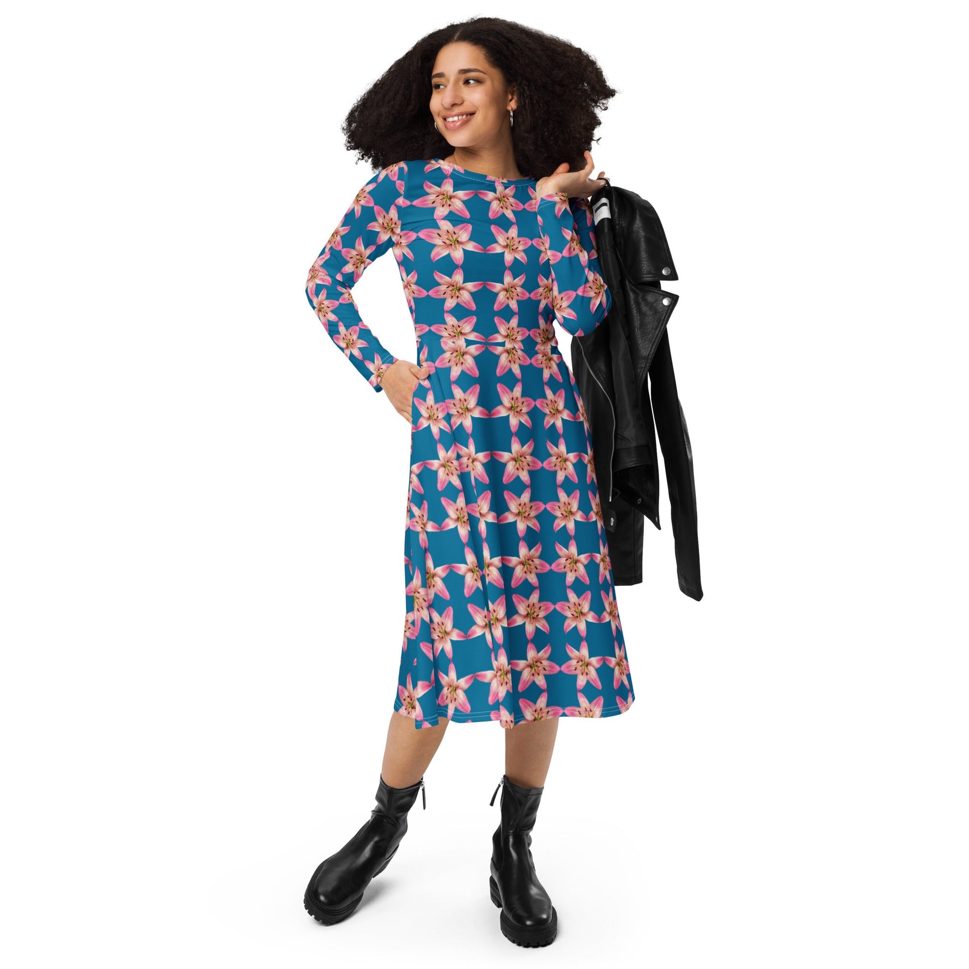 Women's All - over print long sleeve midi dress, cerulean Color Pink Floral Summer Dresses - PratSN