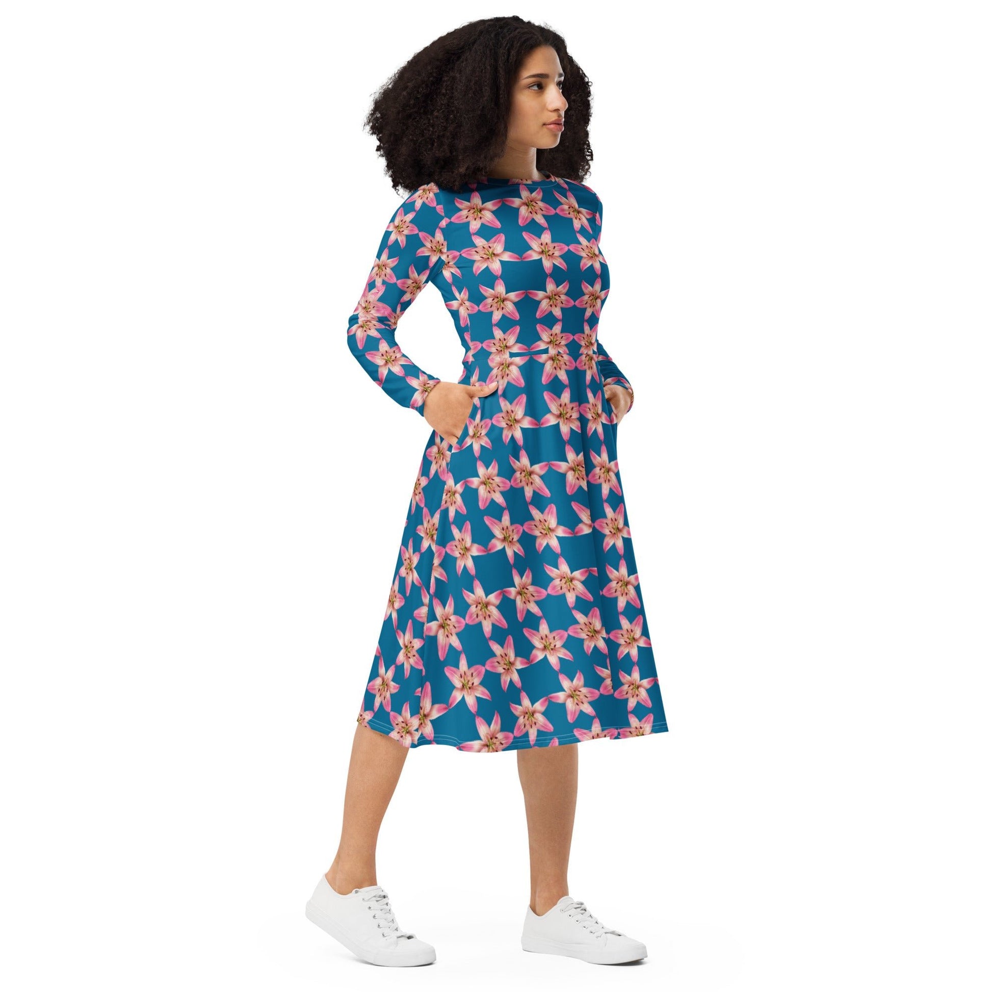 Women's All - over print long sleeve midi dress, cerulean Color Pink Floral Summer Dresses - PratSN
