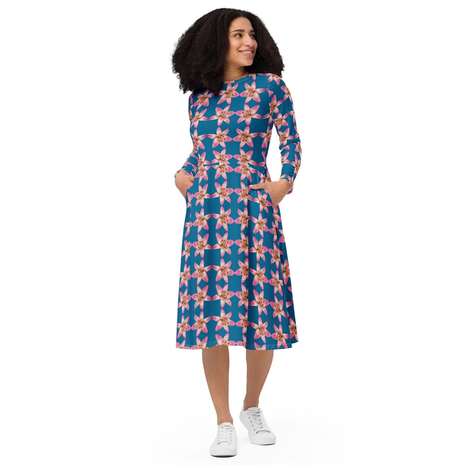 Women's All - over print long sleeve midi dress, cerulean Color Pink Floral Summer Dresses - PratSN