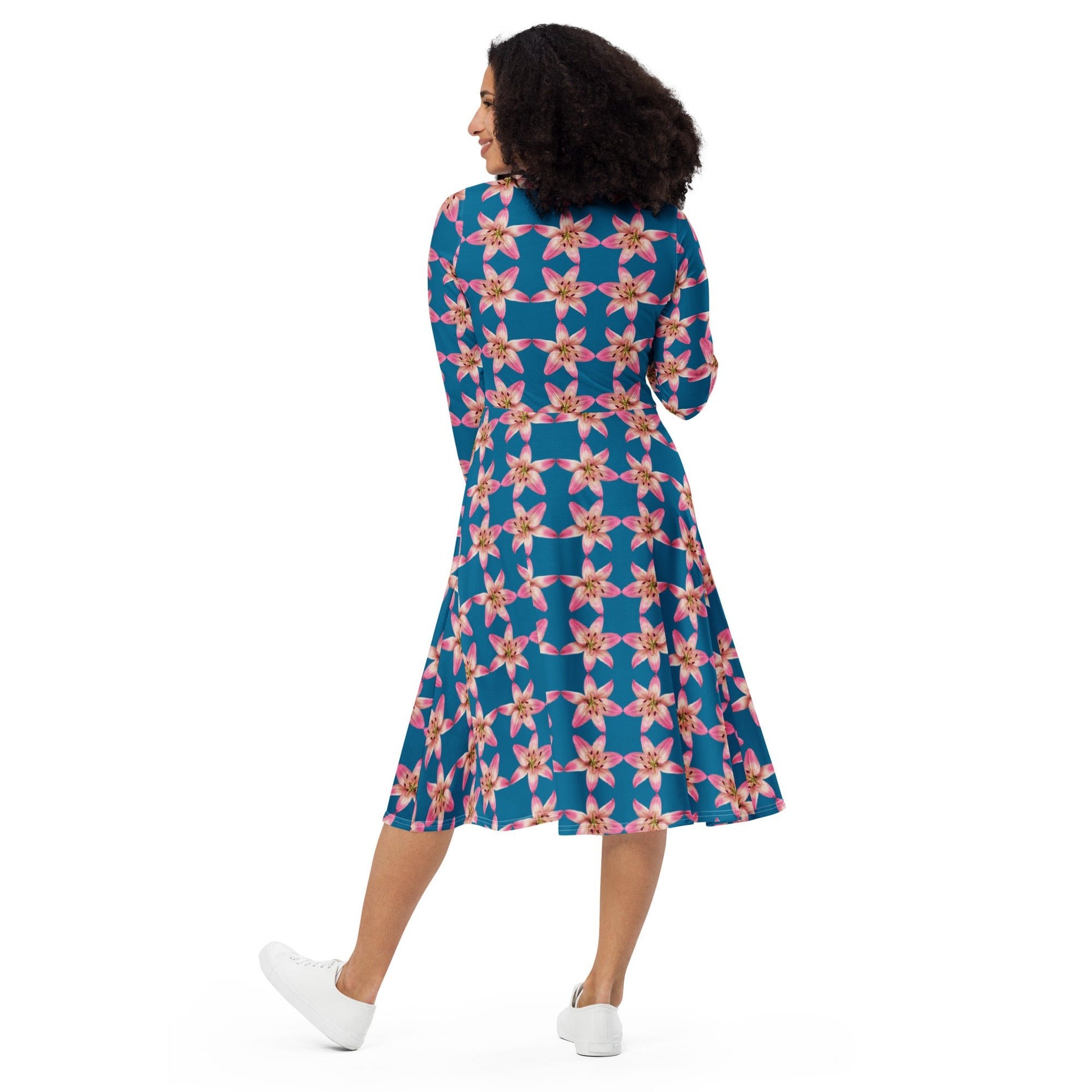 Women's All - over print long sleeve midi dress, cerulean Color Pink Floral Summer Dresses - PratSN