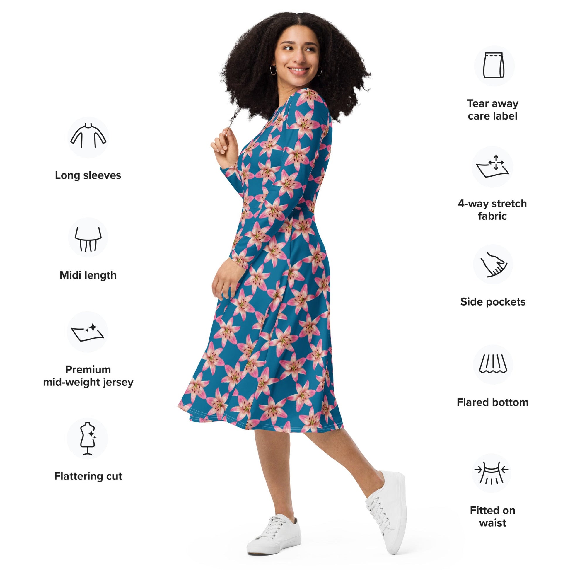 Women's All - over print long sleeve midi dress, cerulean Color Pink Floral Summer Dresses - PratSN