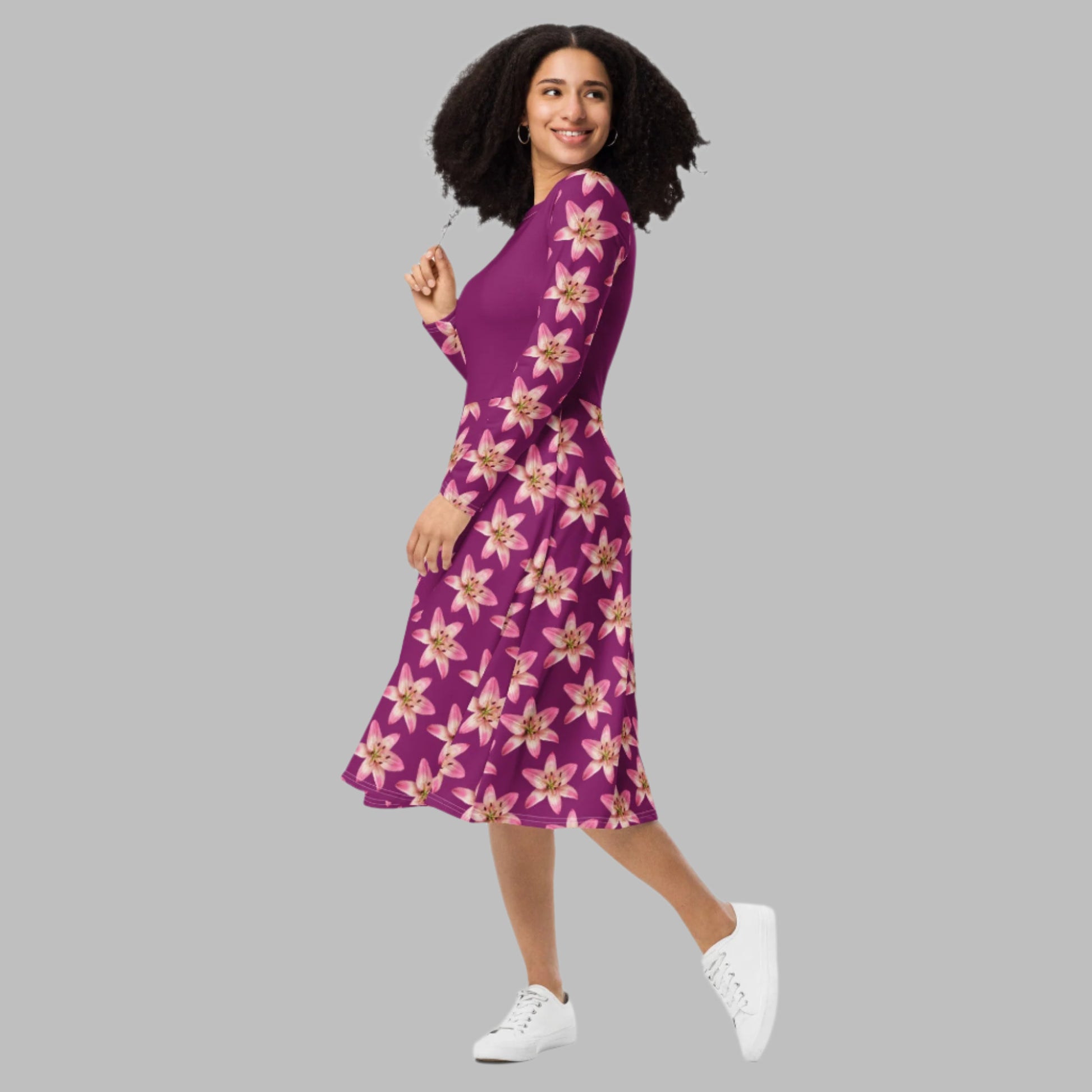 Women's All - over print long sleeve midi dress, Eggplant Color Pink Floral Summer dresses - PratSN