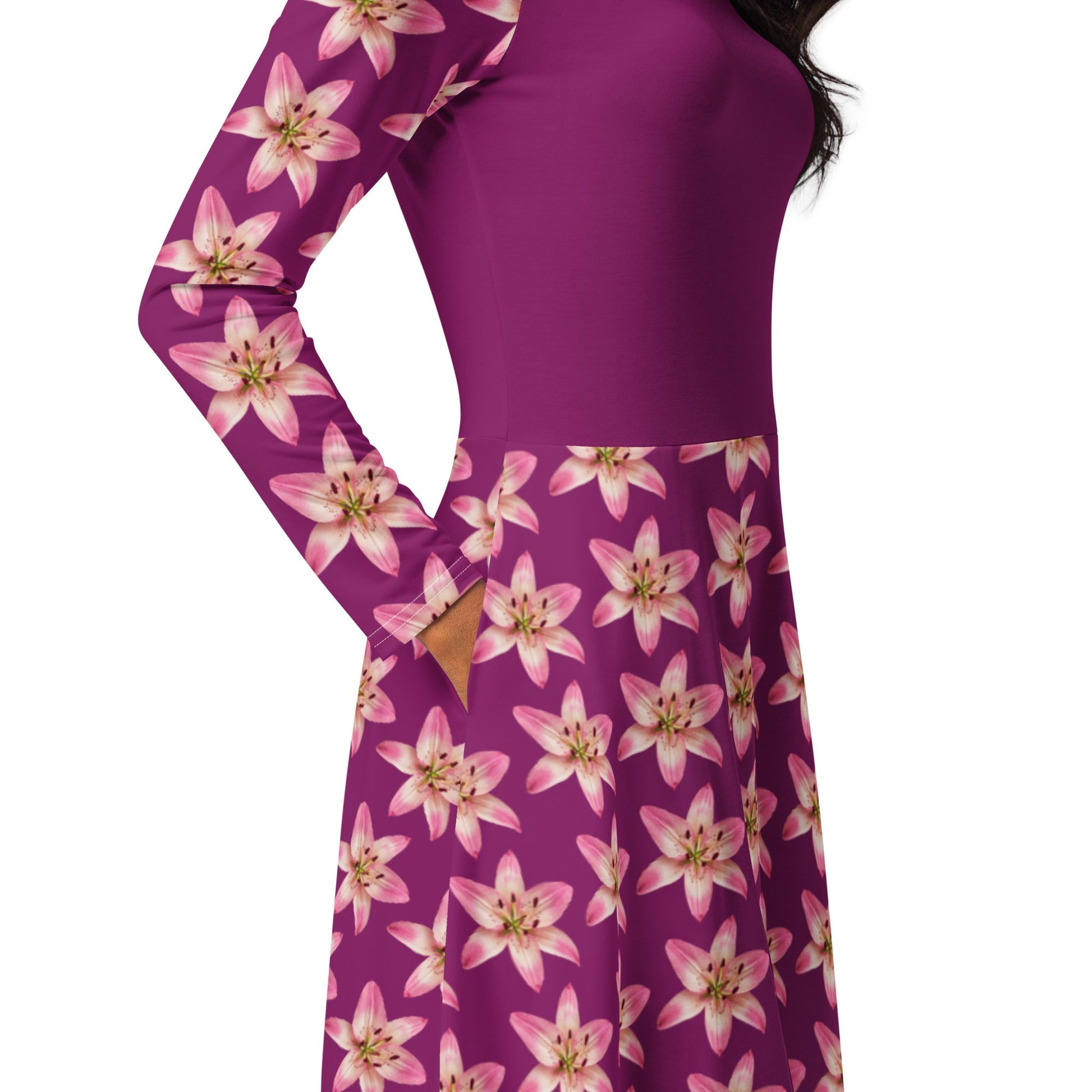 Women's All - over print long sleeve midi dress, Eggplant Color Pink Floral Summer dresses - PratSN