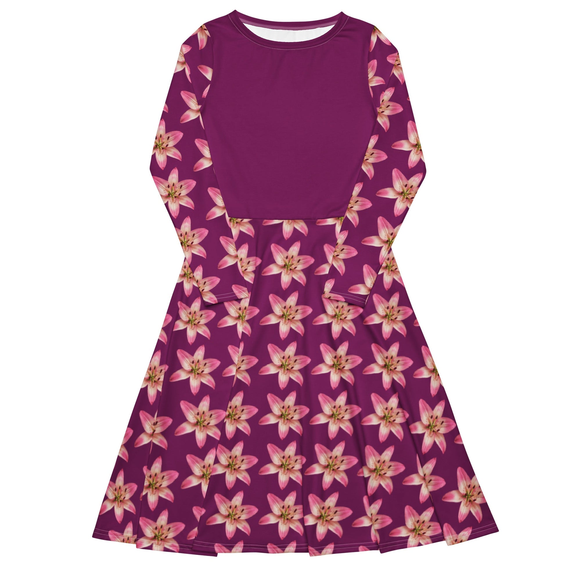 Women's All - over print long sleeve midi dress, Eggplant Color Pink Floral Summer dresses - PratSN