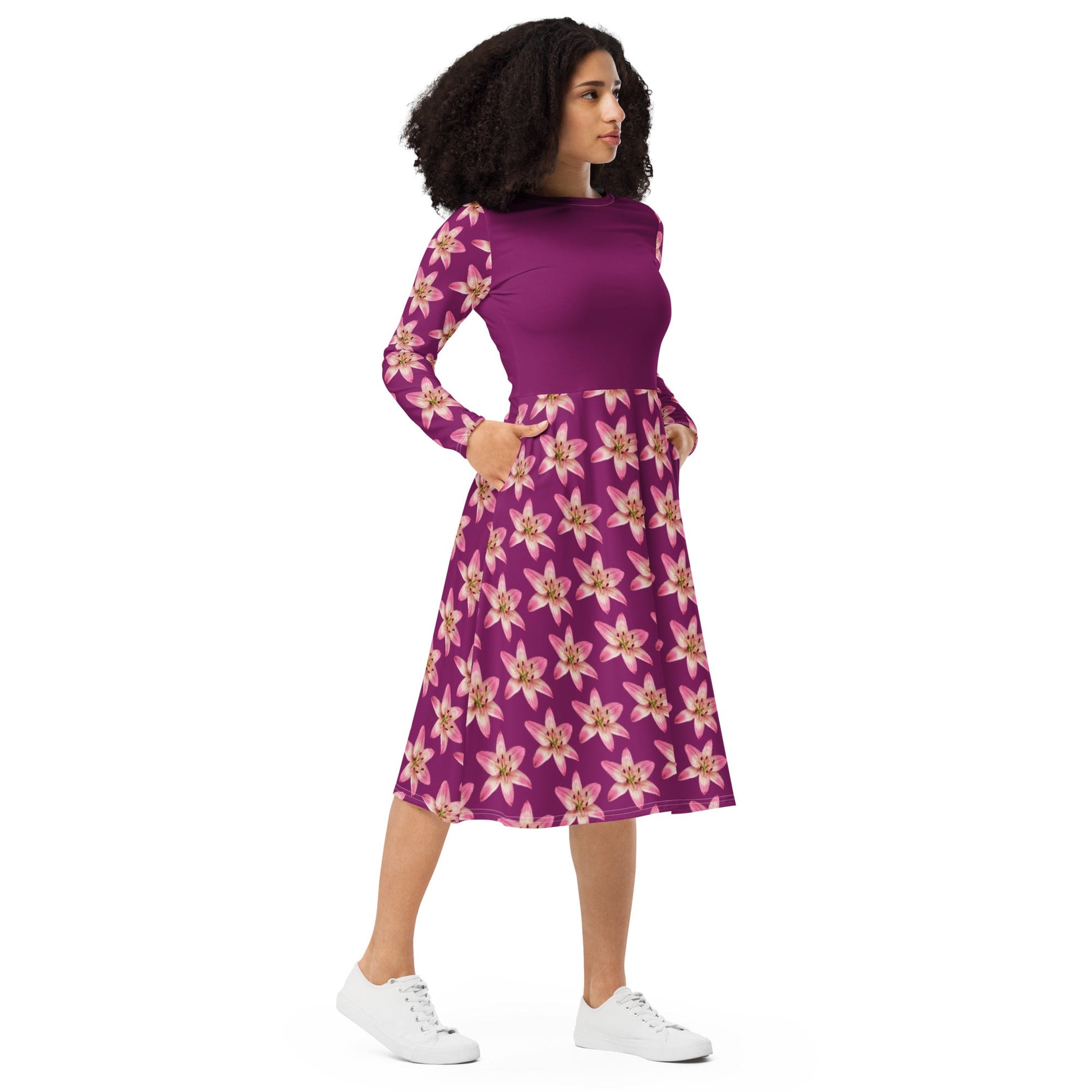 Women's All - over print long sleeve midi dress, Eggplant Color Pink Floral Summer dresses - PratSN