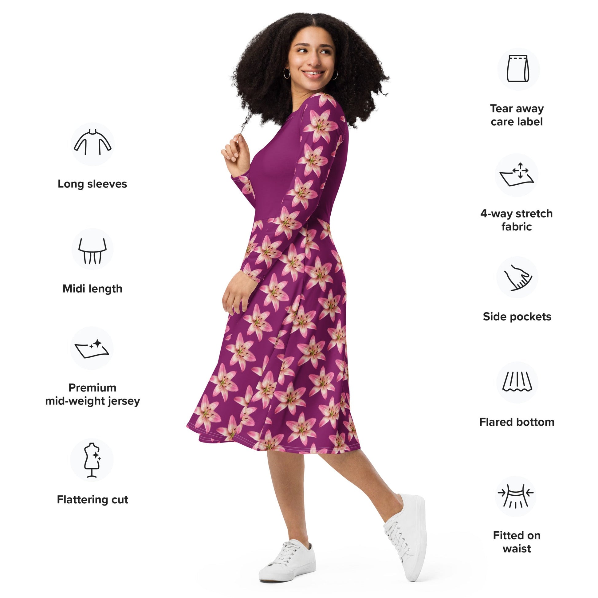 Women's All - over print long sleeve midi dress, Eggplant Color Pink Floral Summer dresses - PratSN