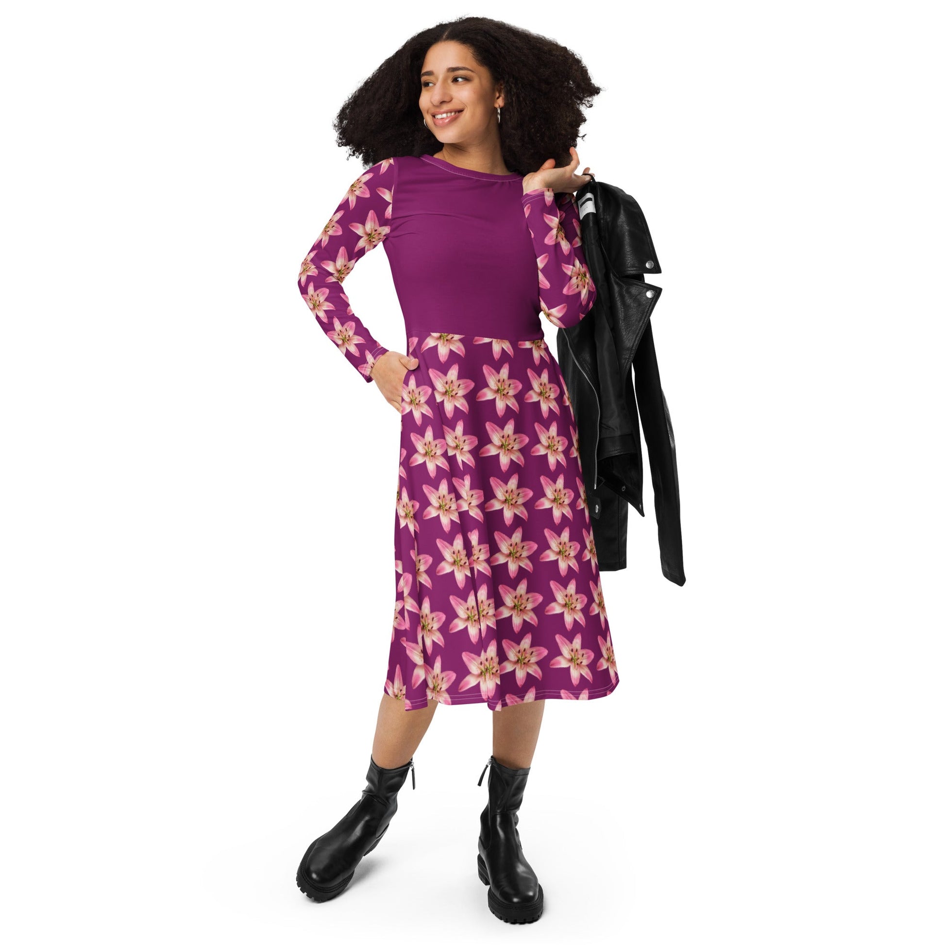 Women's All - over print long sleeve midi dress, Eggplant Color Pink Floral Summer dresses - PratSN