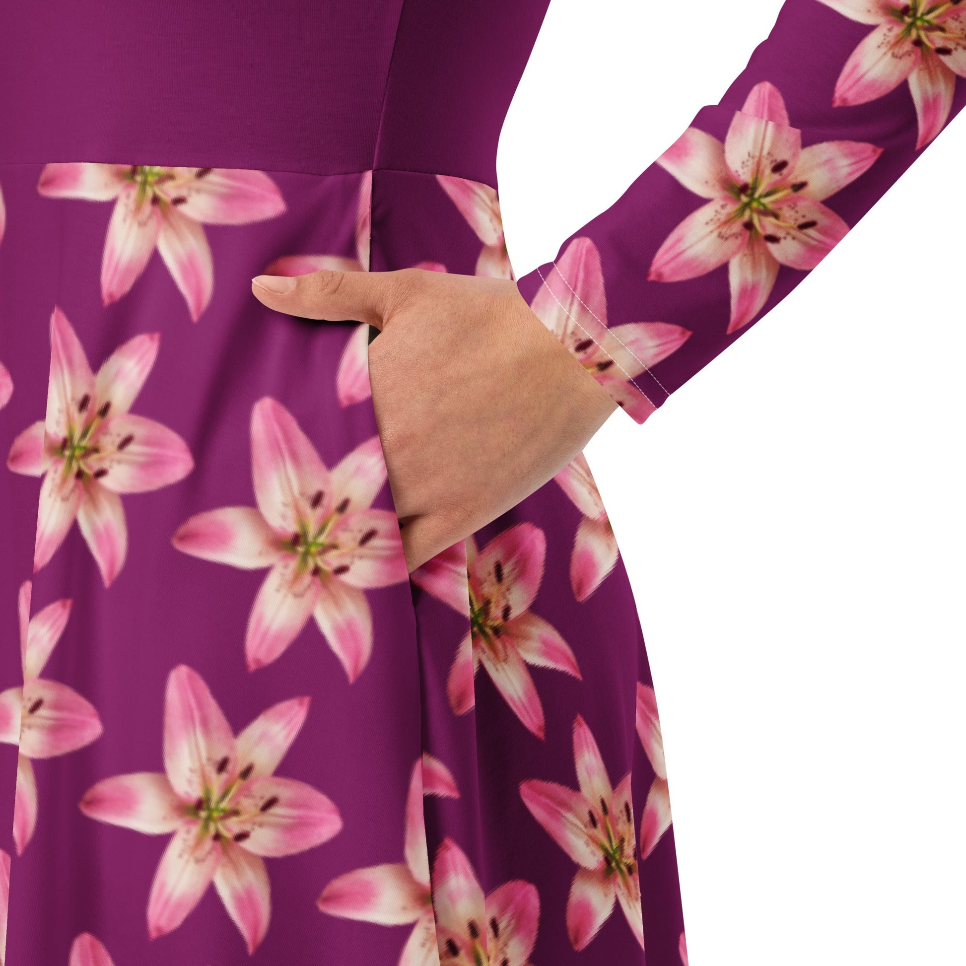 Women's All - over print long sleeve midi dress, Eggplant Color Pink Floral Summer dresses - PratSN