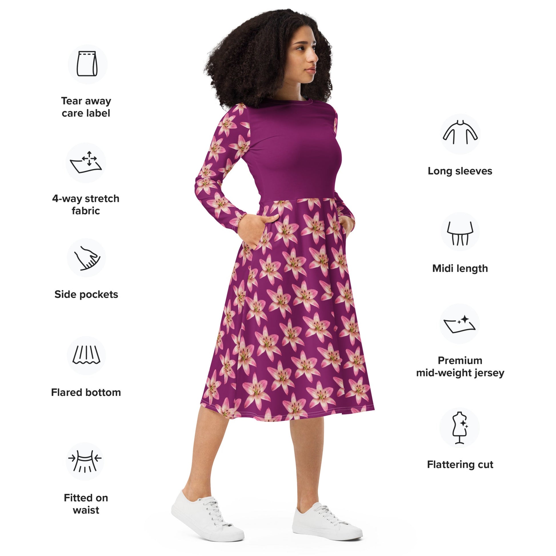 Women's All - over print long sleeve midi dress, Eggplant Color Pink Floral Summer dresses - PratSN