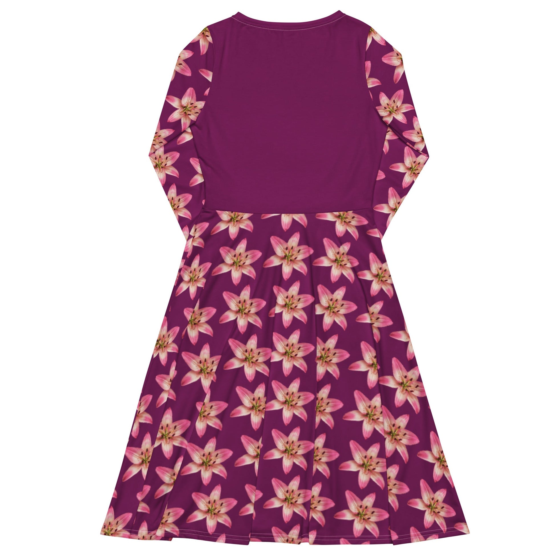 Women's All - over print long sleeve midi dress, Eggplant Color Pink Floral Summer dresses - PratSN