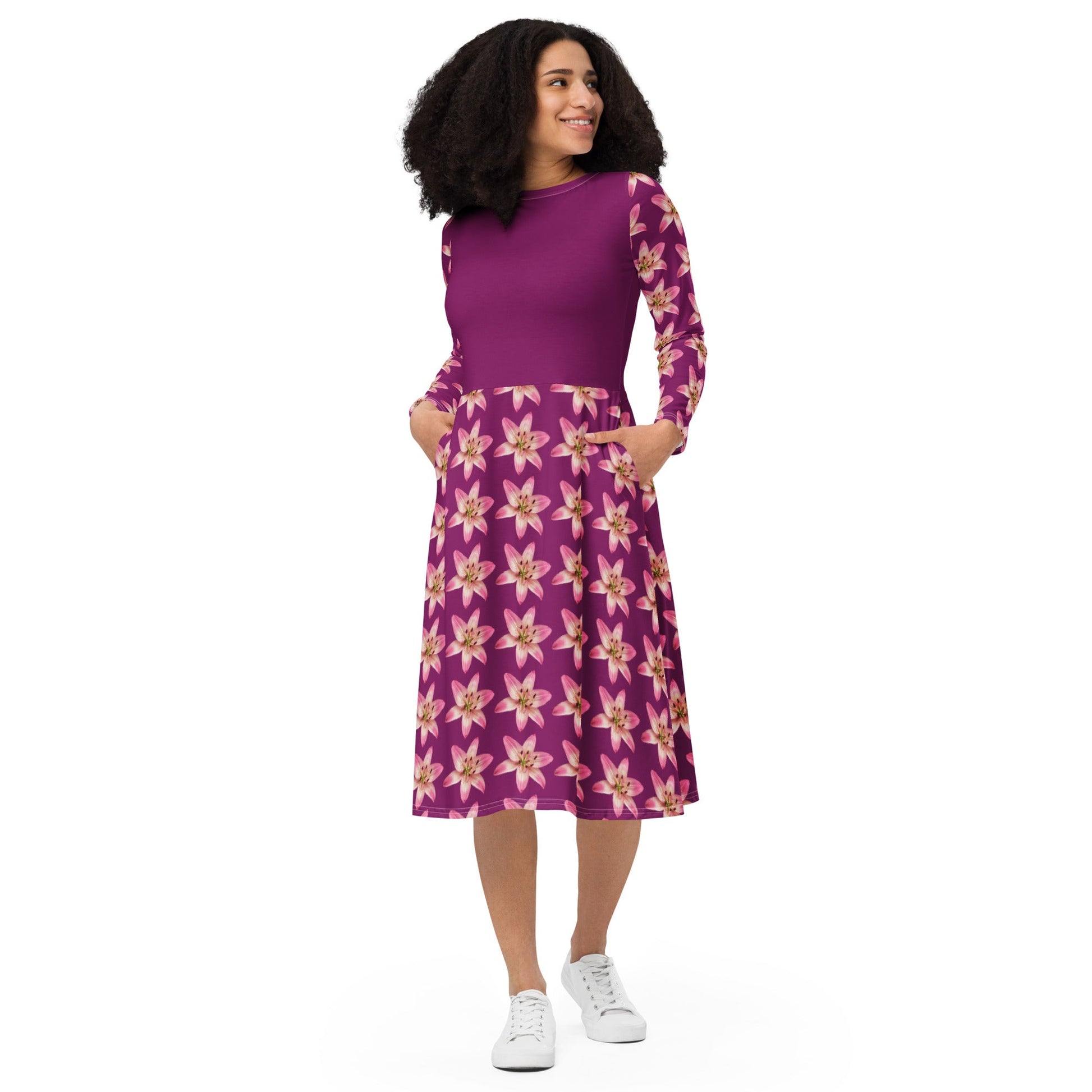 Women's All - over print long sleeve midi dress, Eggplant Color Pink Floral Summer dresses - PratSN
