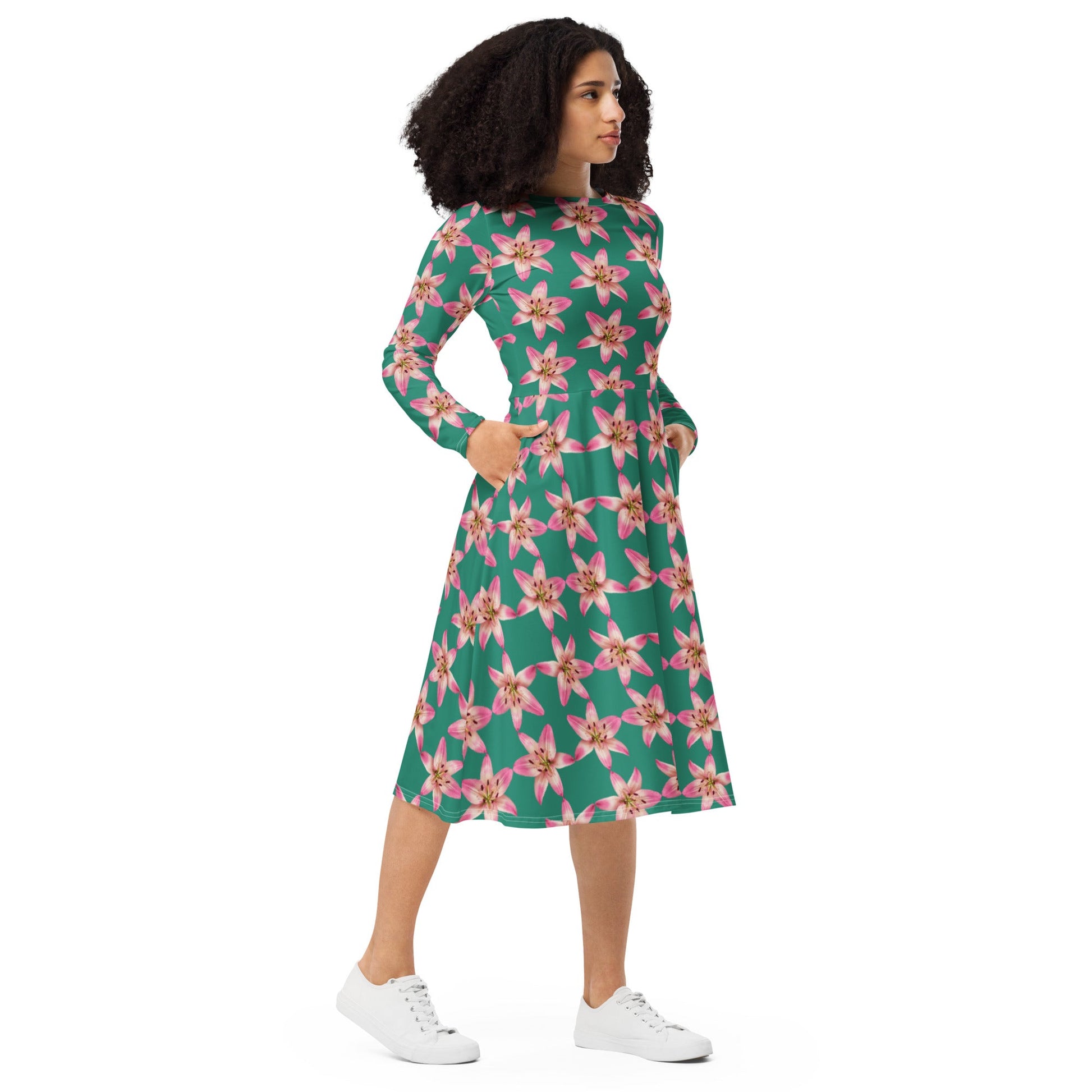 Elf Green Pink Lily Floral Long Sleeve Midi Dress for Women 5XL Elf Green Pink Lily Floral Long Sleeve Midi Dress for Women 5XL