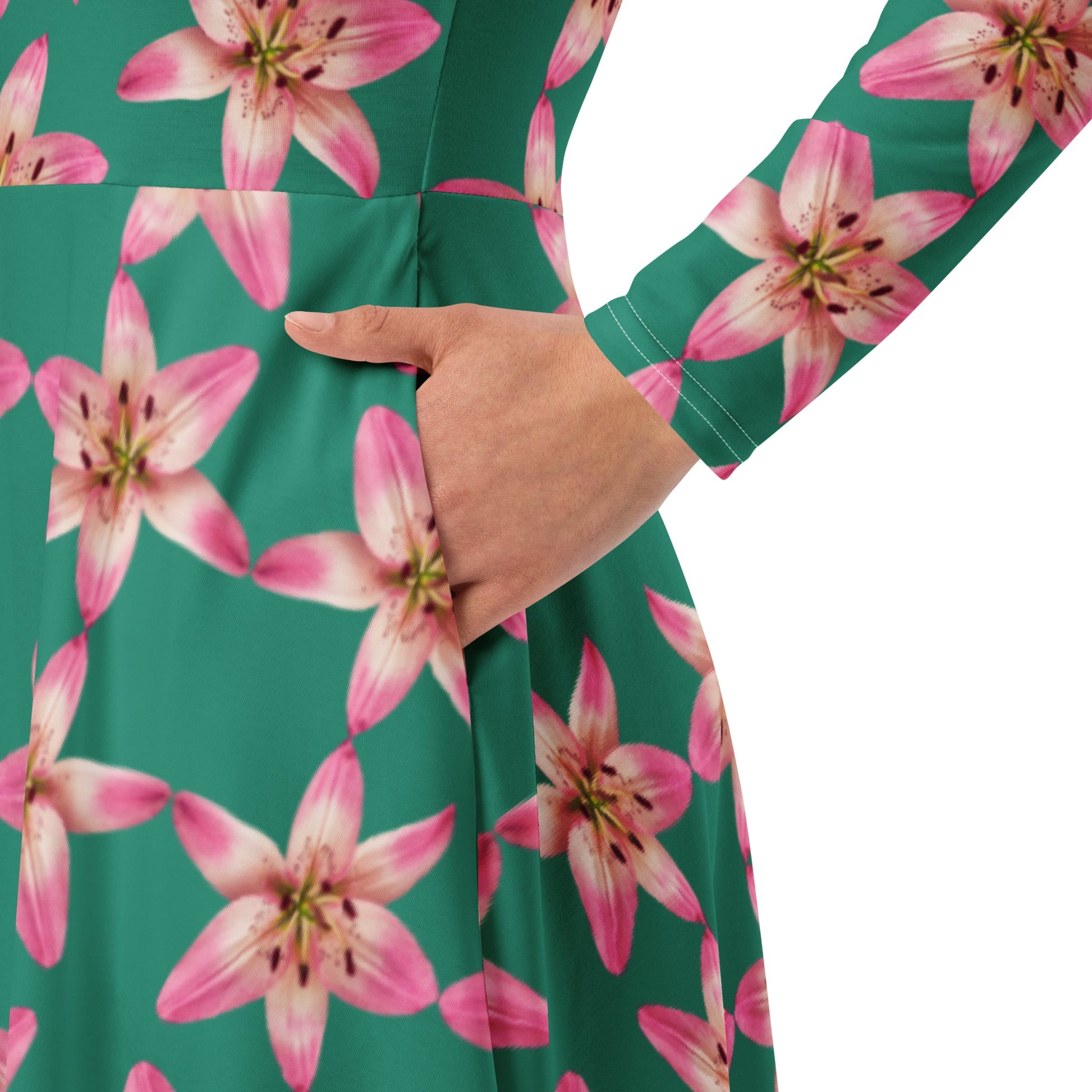 Elf Green Pink Lily Floral Long Sleeve Midi Dress for Women 5XL Elf Green Pink Lily Floral Long Sleeve Midi Dress for Women 5XL