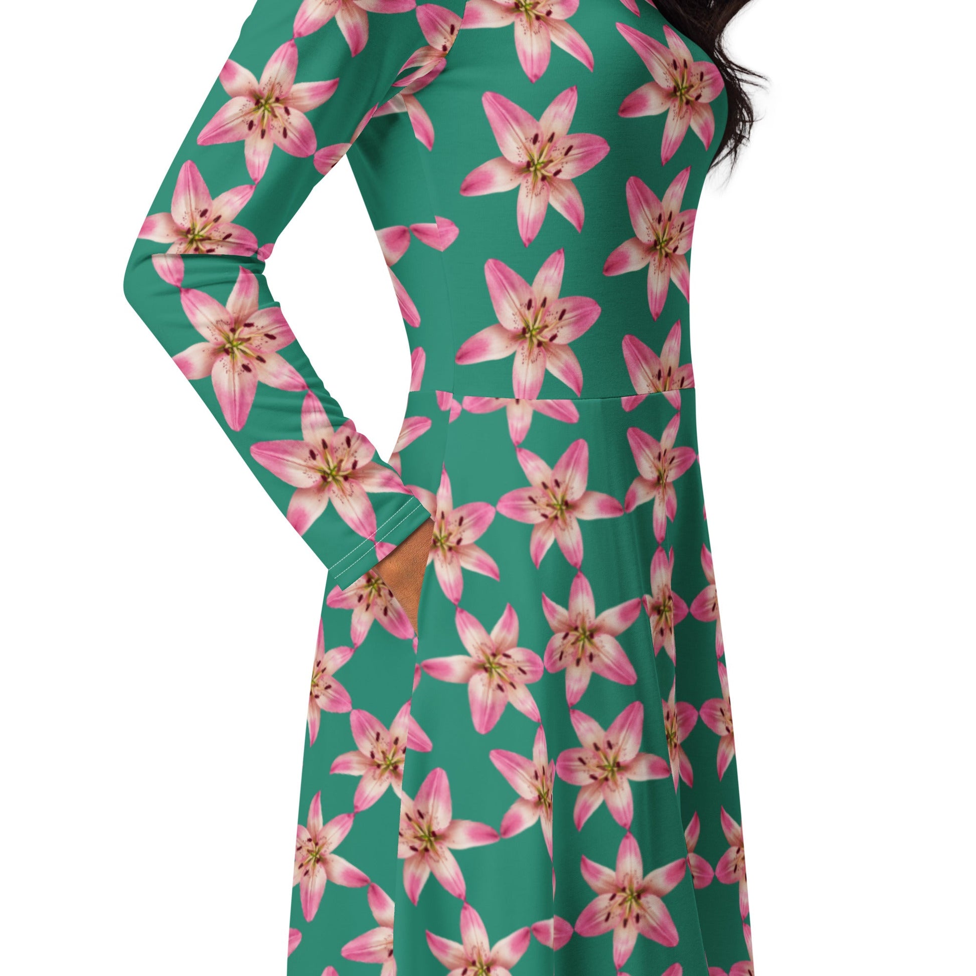Elf Green Pink Lily Floral Long Sleeve Midi Dress for Women 5XL Elf Green Pink Lily Floral Long Sleeve Midi Dress for Women 5XL