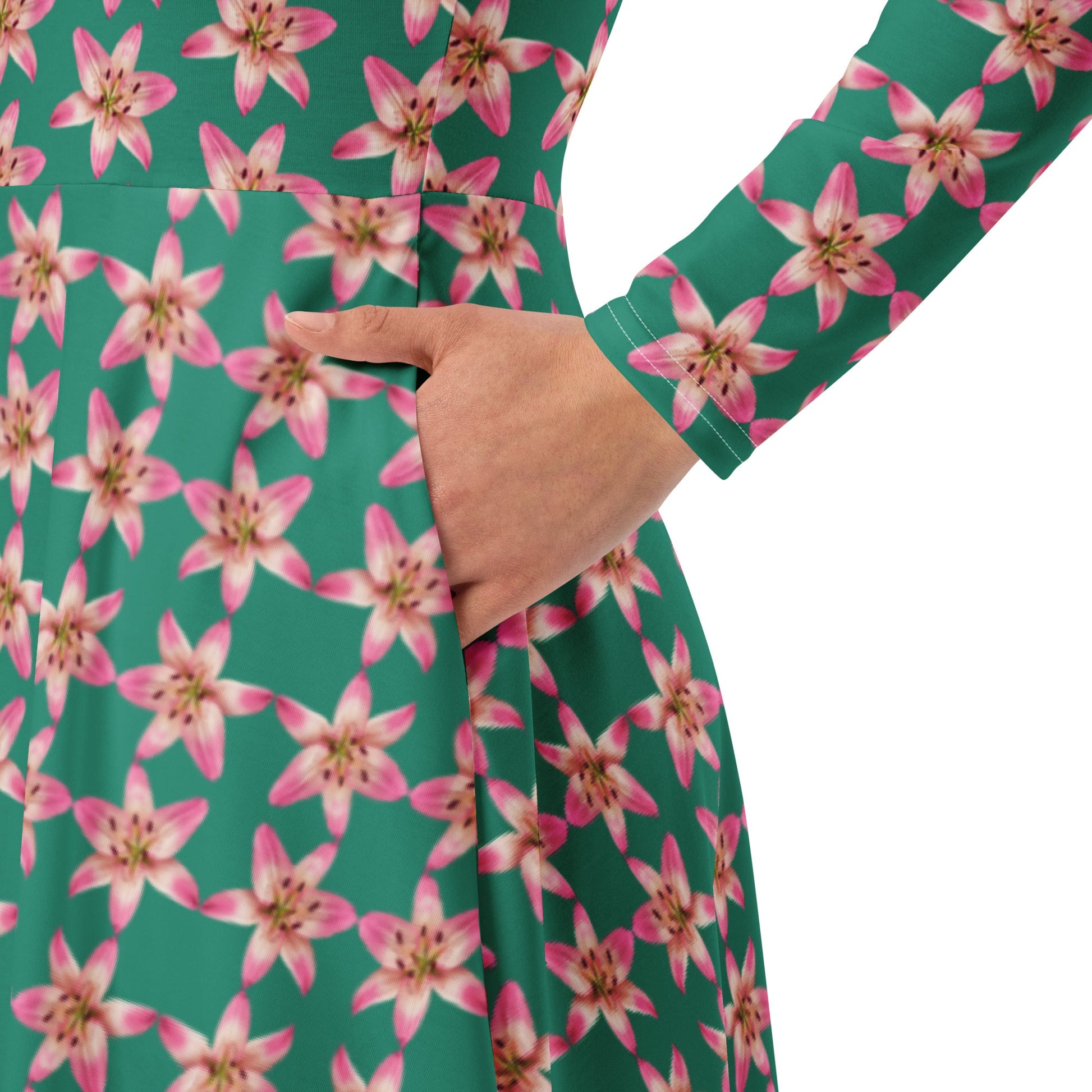 Women's All - over print long sleeve midi dress, green blooming Pattern Summer Dresses - PratSN