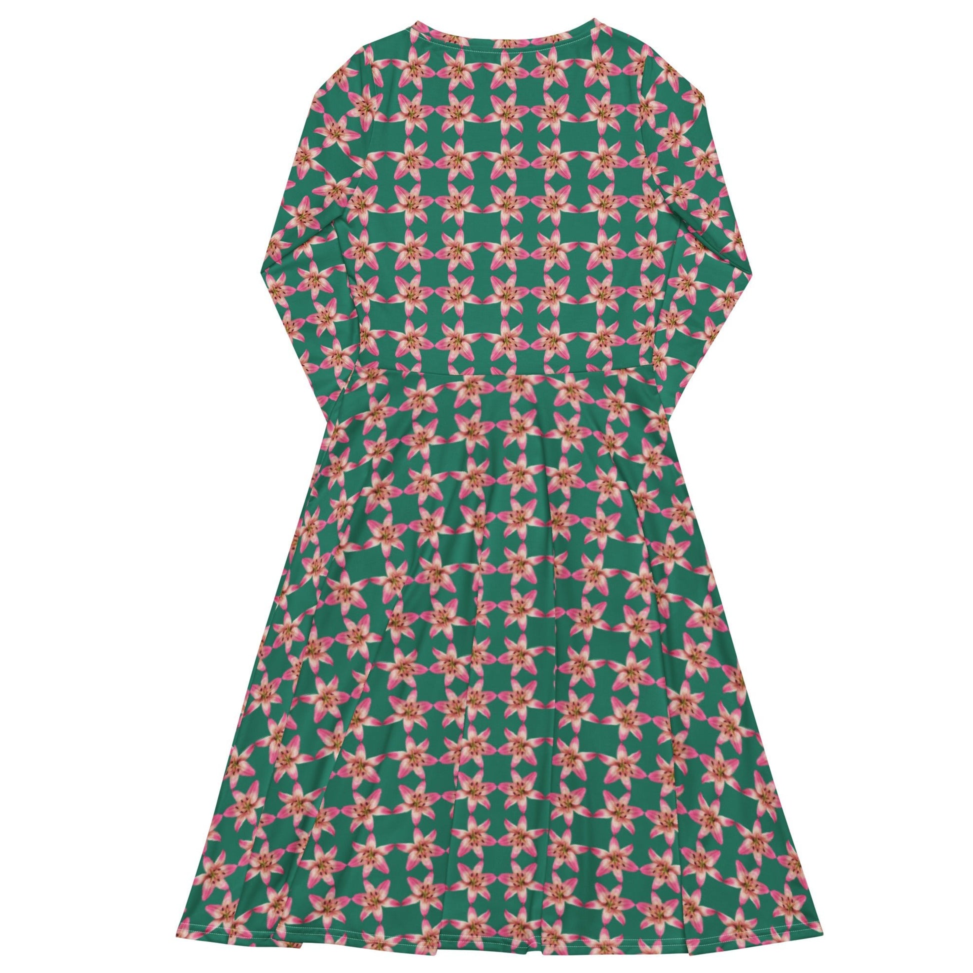 Women's All - over print long sleeve midi dress, green blooming Pattern Summer Dresses - PratSN