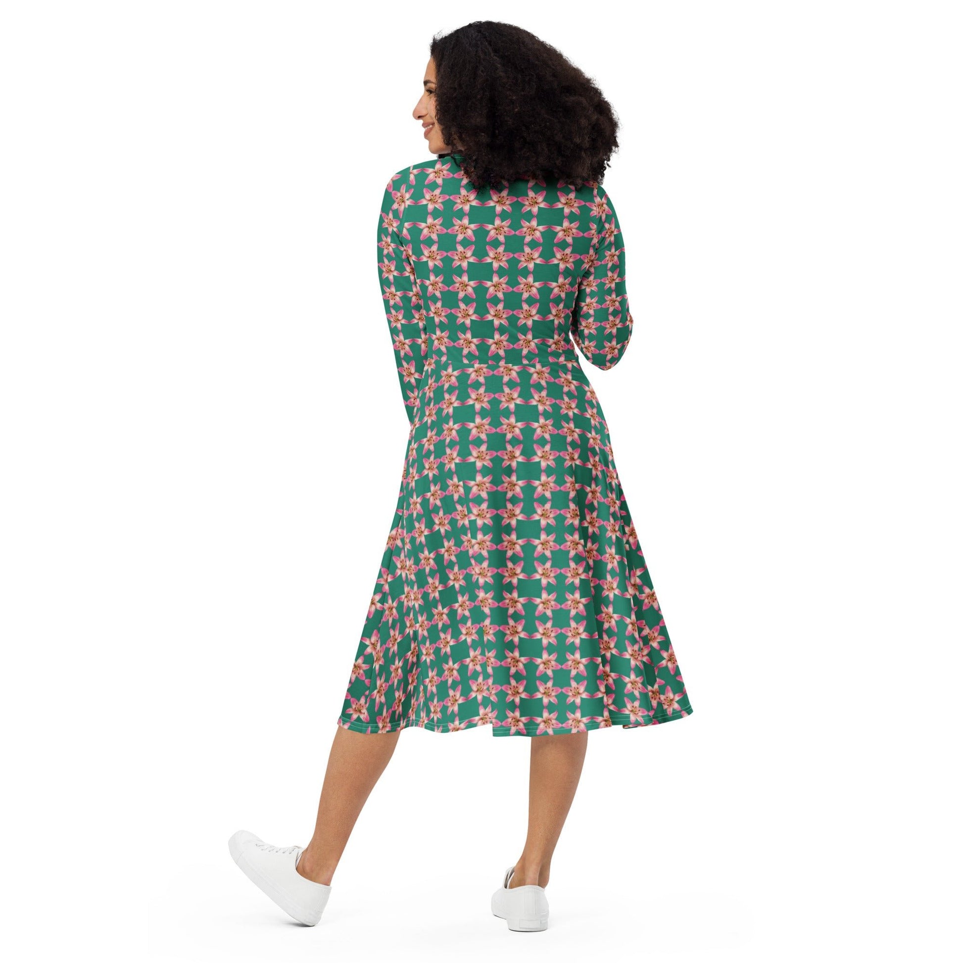 Women's All - over print long sleeve midi dress, green blooming Pattern Summer Dresses - PratSN