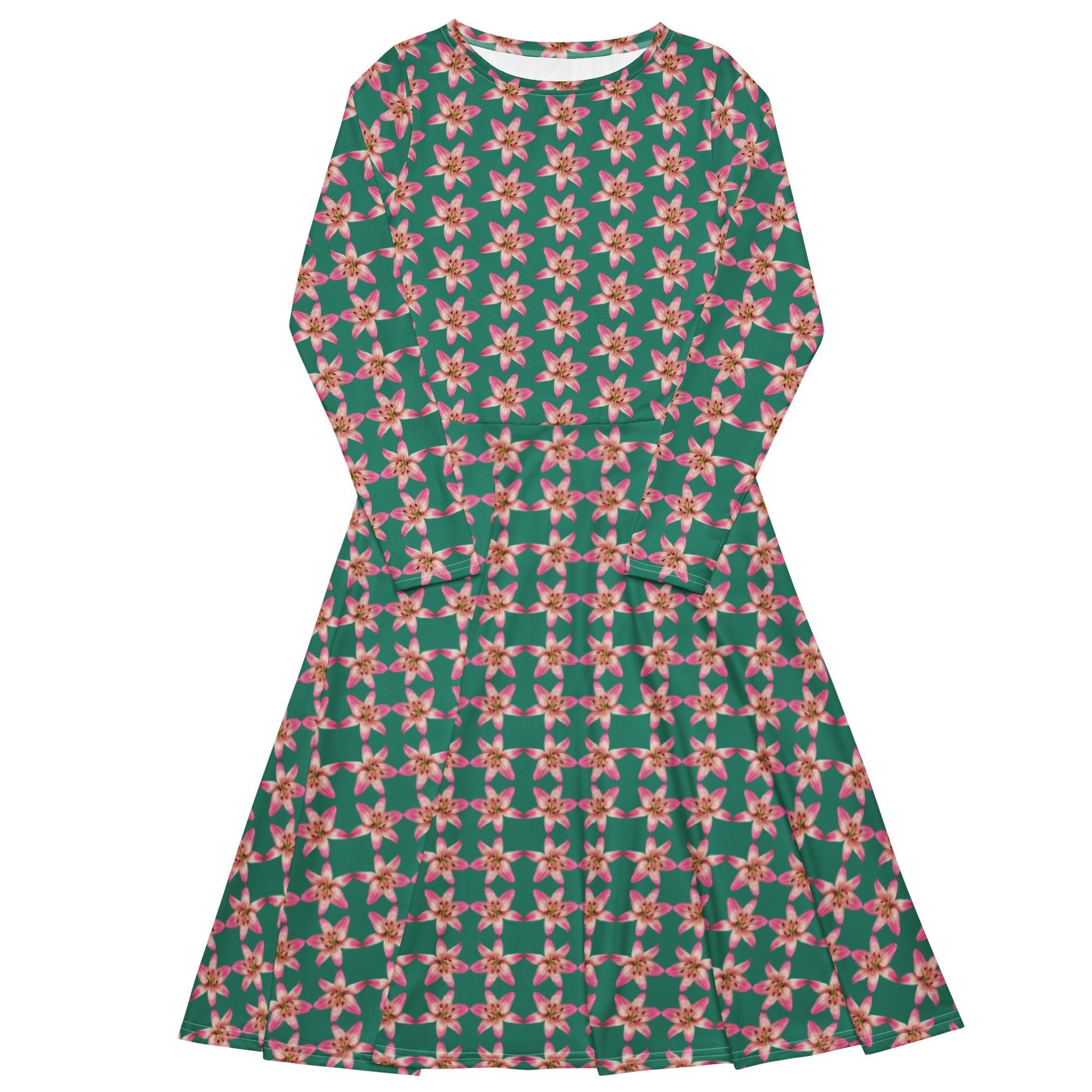 Women's All - over print long sleeve midi dress, green blooming Pattern Summer Dresses - PratSN