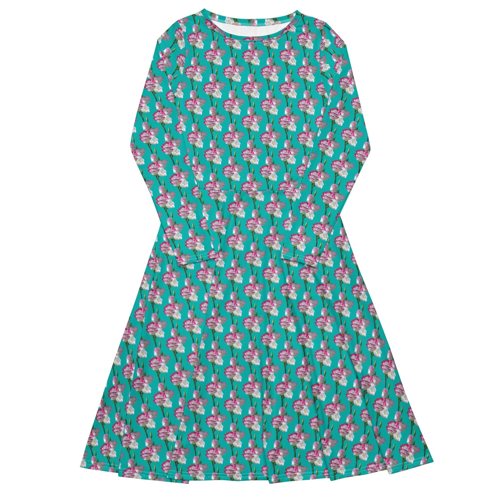 Women's All - over print long sleeve midi dress, Iris Blue blooming Pattern Summer Dresses - PratSN
