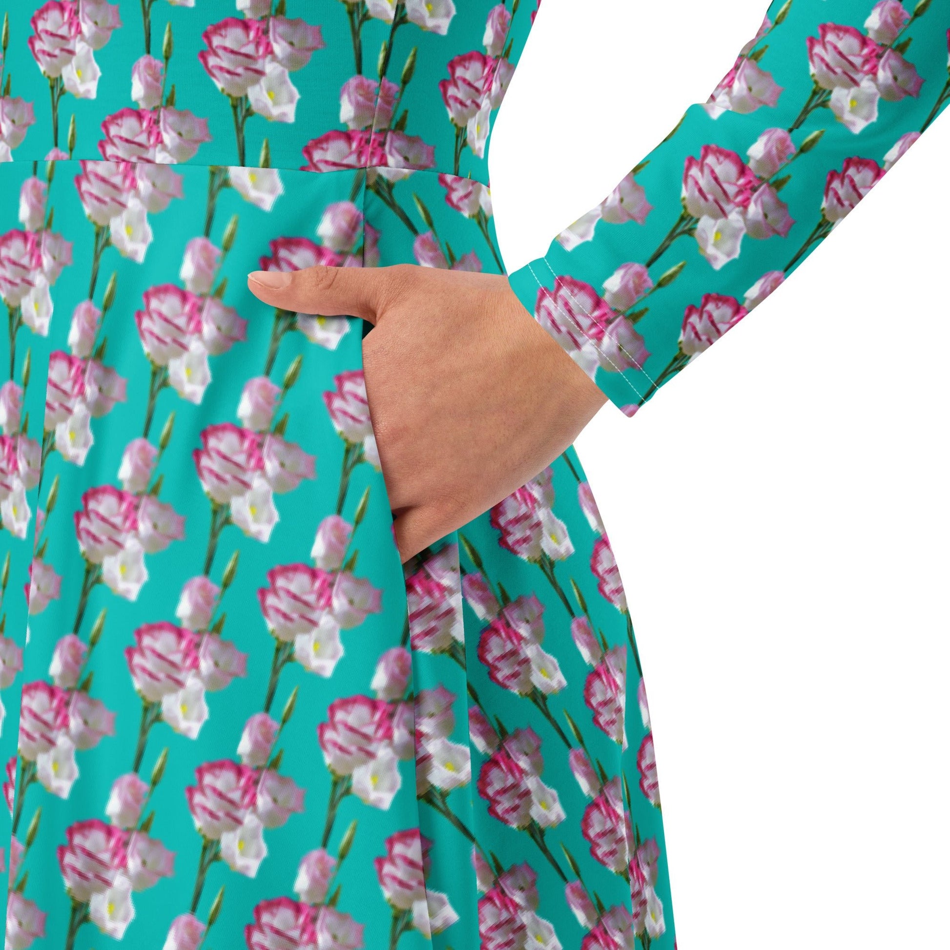 Women's All - over print long sleeve midi dress, Iris Blue blooming Pattern Summer Dresses - PratSN