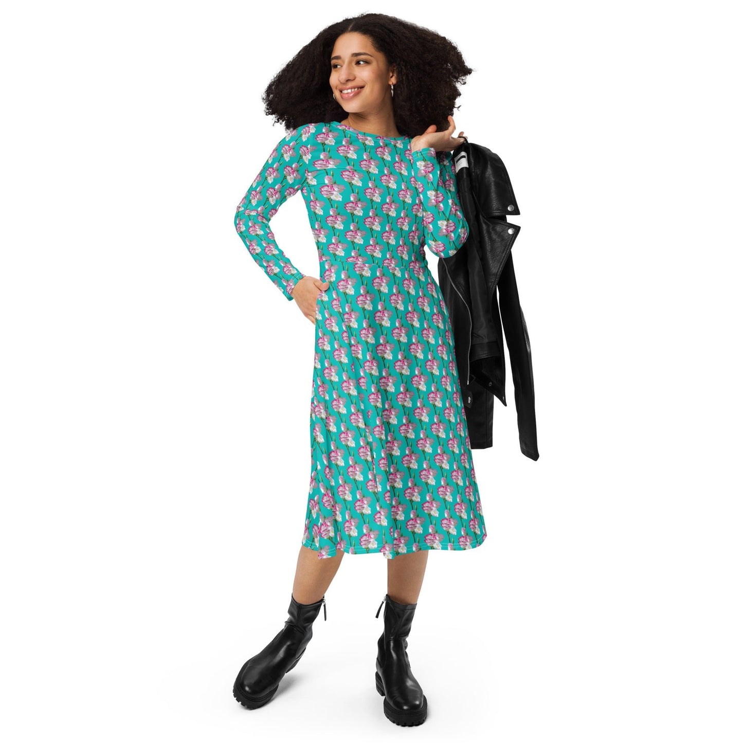 Women's All - over print long sleeve midi dress, Iris Blue blooming Pattern Summer Dresses - PratSN