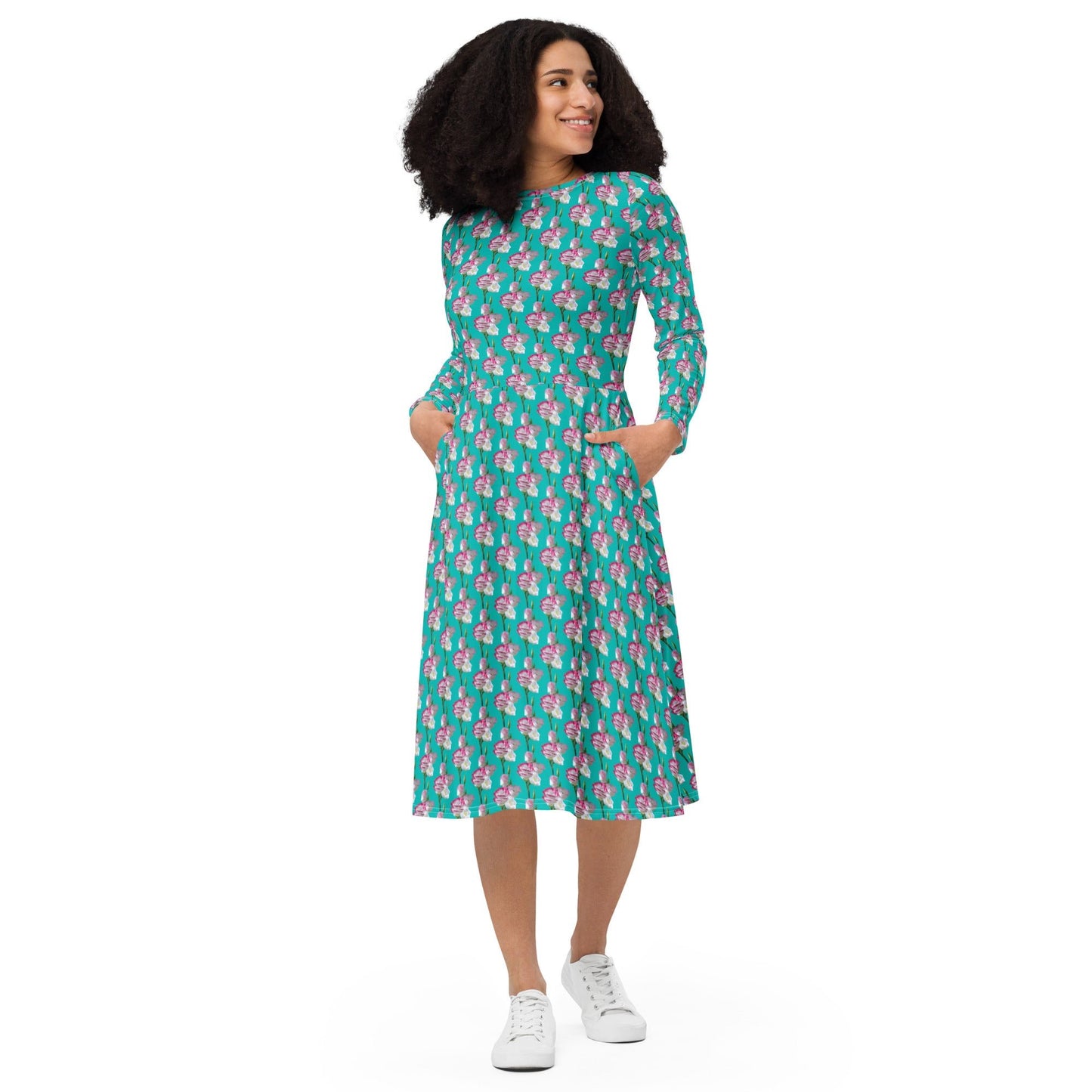 Women's All - over print long sleeve midi dress, Iris Blue blooming Pattern Summer Dresses - PratSN