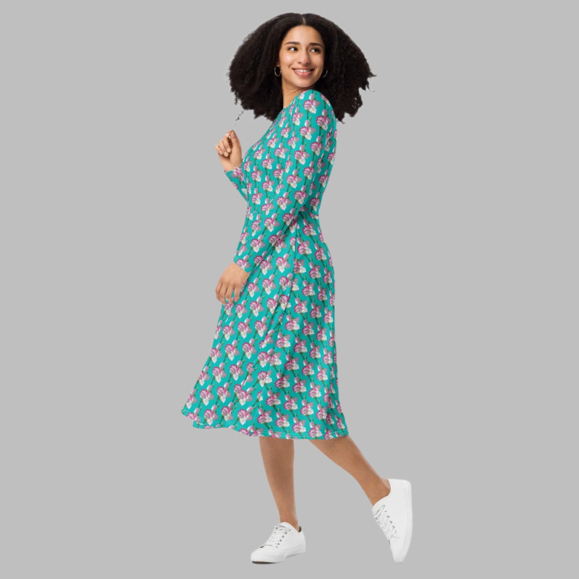 Women's All - over print long sleeve midi dress, Iris Blue blooming Pattern Summer Dresses - PratSN