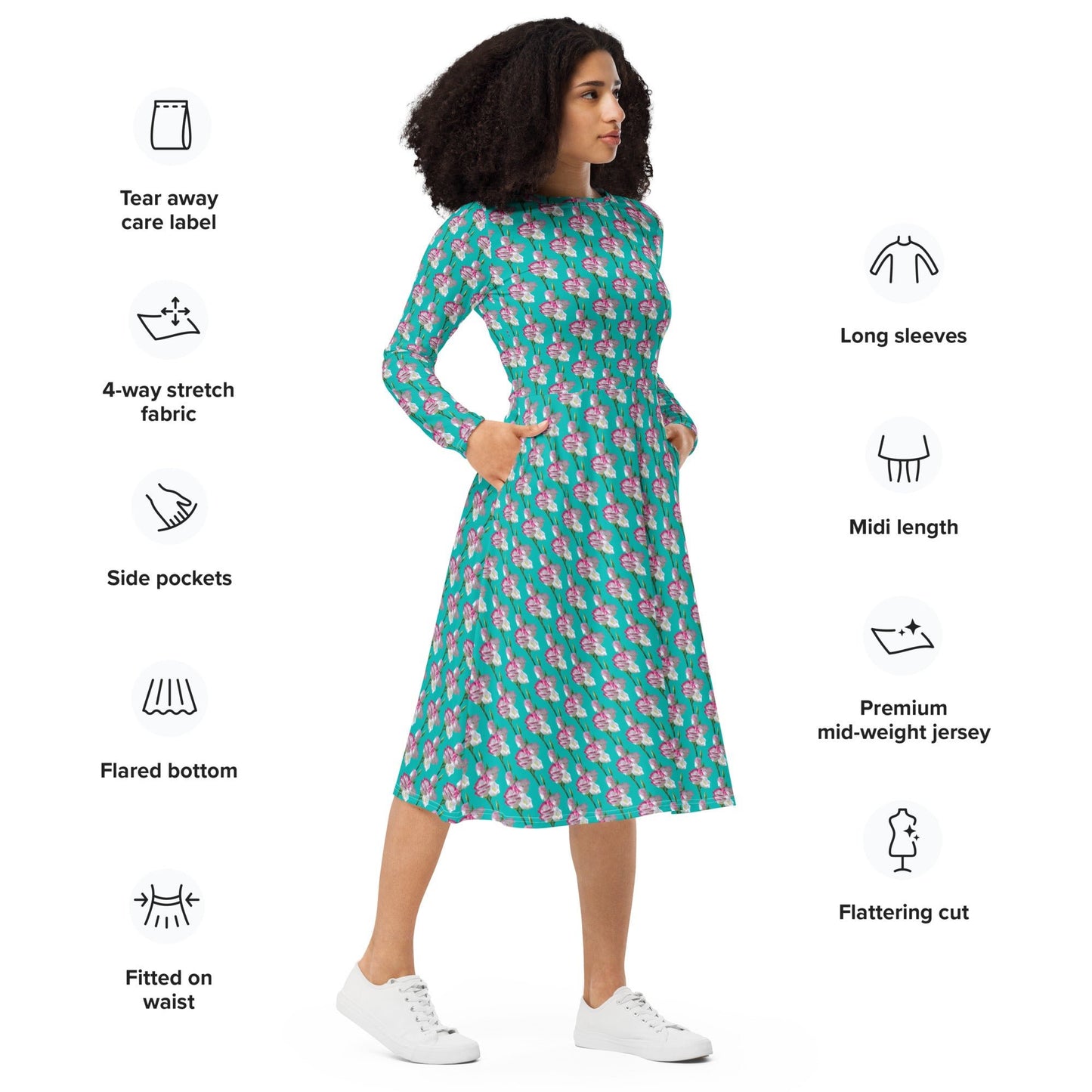 Women's All - over print long sleeve midi dress, Iris Blue blooming Pattern Summer Dresses - PratSN