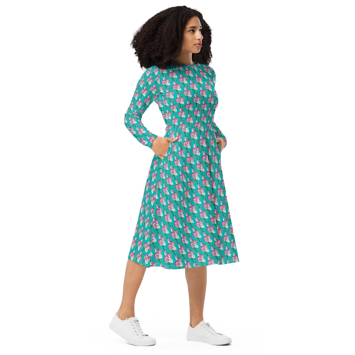 Women's All - over print long sleeve midi dress, Iris Blue blooming Pattern Summer Dresses - PratSN