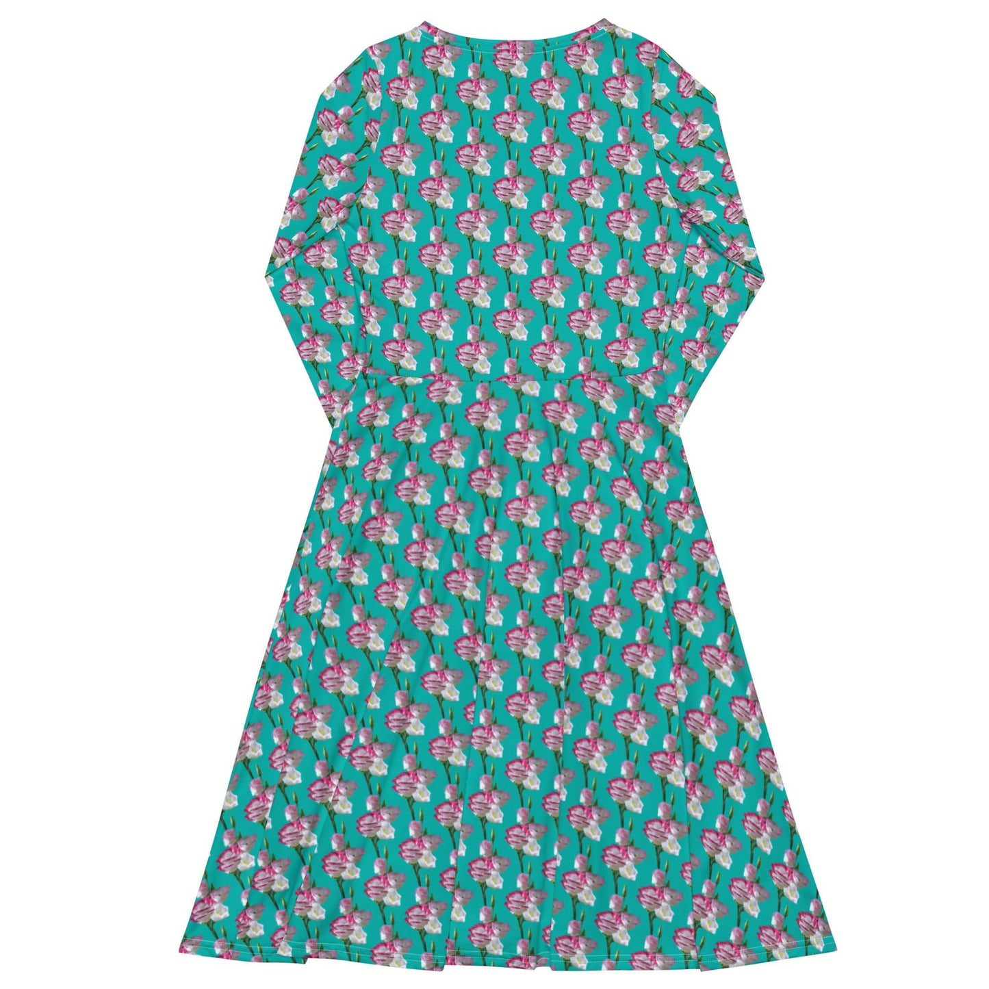 Women's All - over print long sleeve midi dress, Iris Blue blooming Pattern Summer Dresses - PratSN