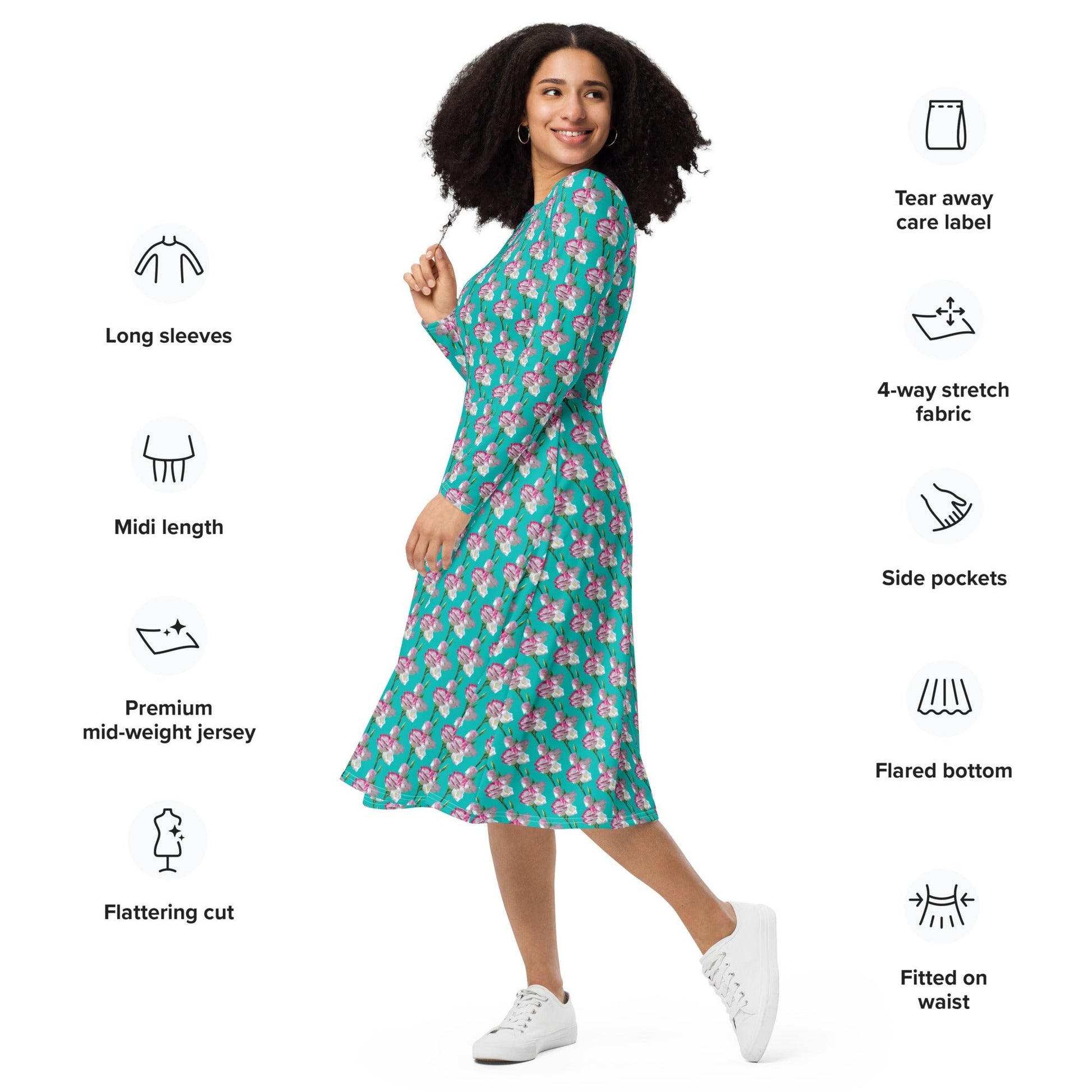 Women's All - over print long sleeve midi dress, Iris Blue blooming Pattern Summer Dresses - PratSN